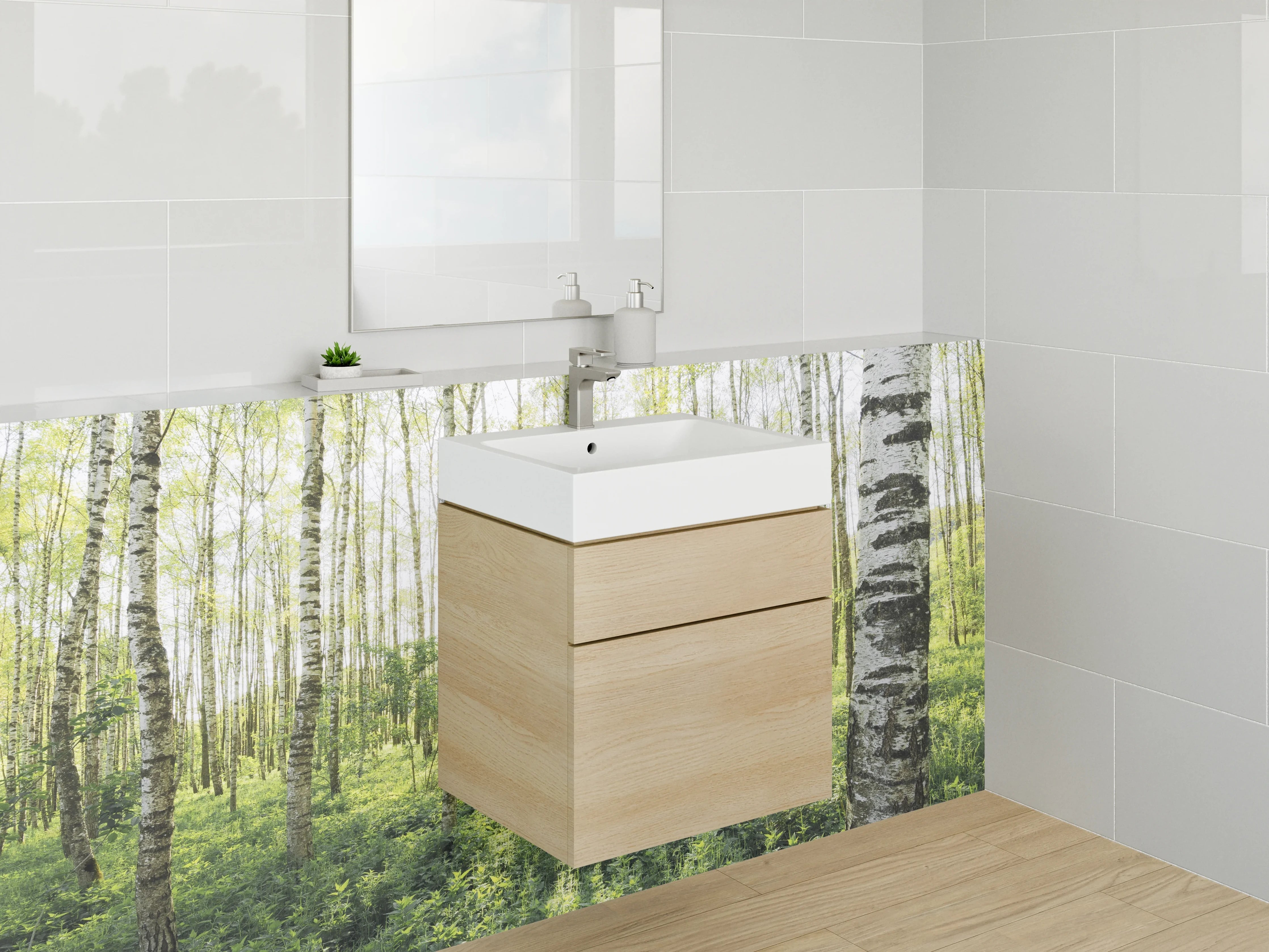 Waschbecken-Rückwand - Birkenwald Naturmotiv Grün Weiß