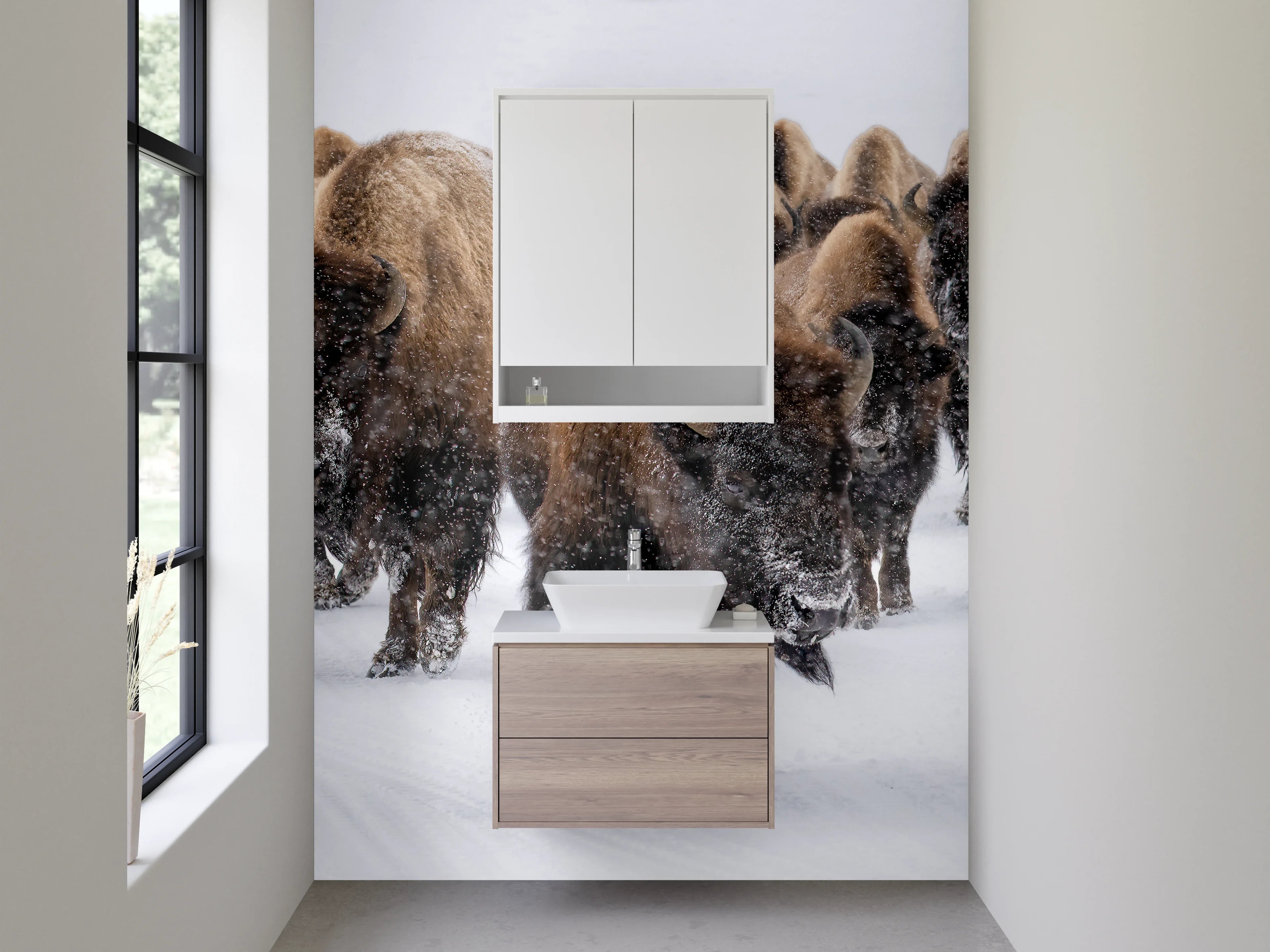 Waschbecken-Rückwand - Bisons im Winter auf weißem Schnee