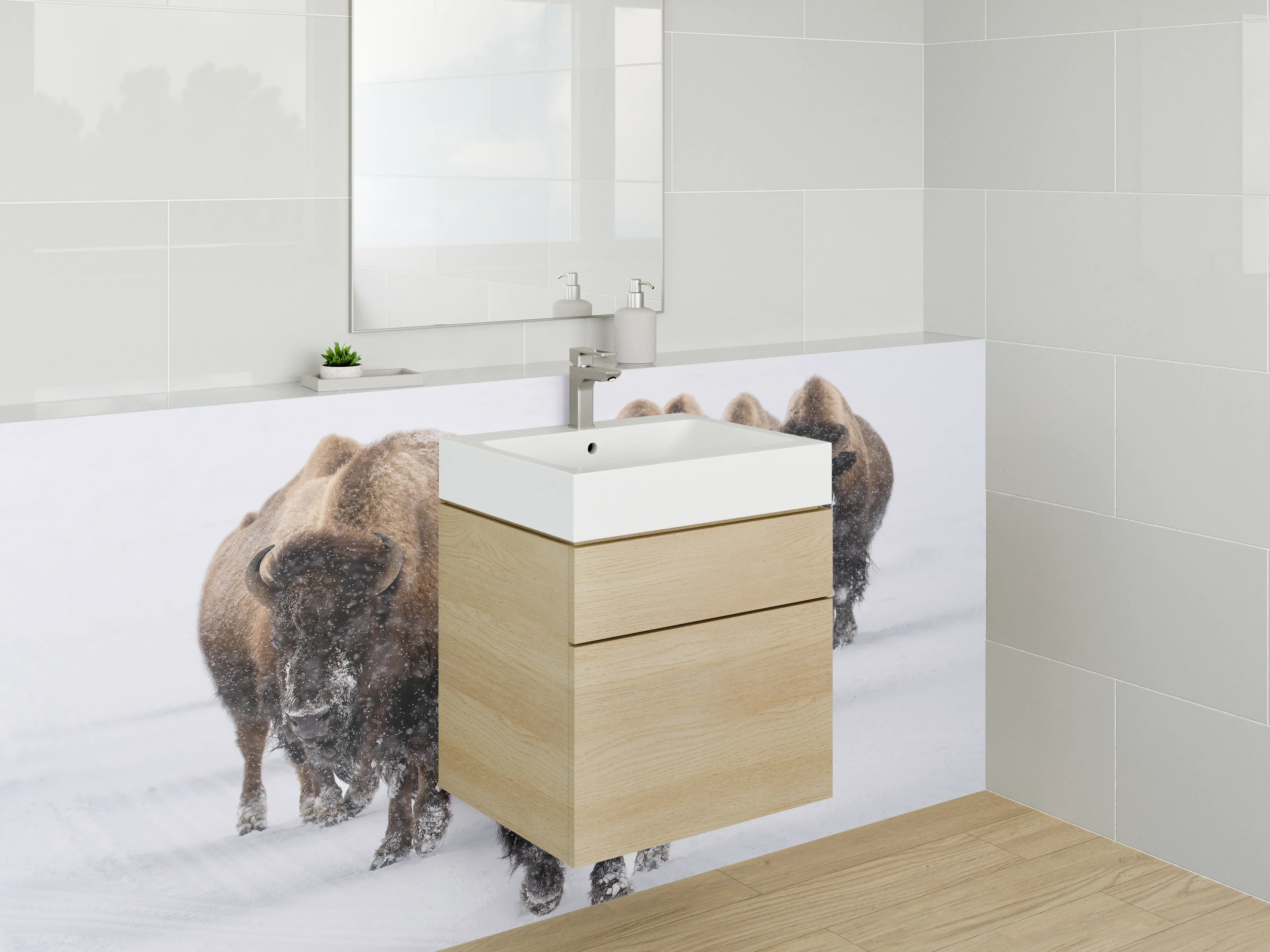 Waschbecken-Rückwand - Bisons im Winter auf weißem Schnee