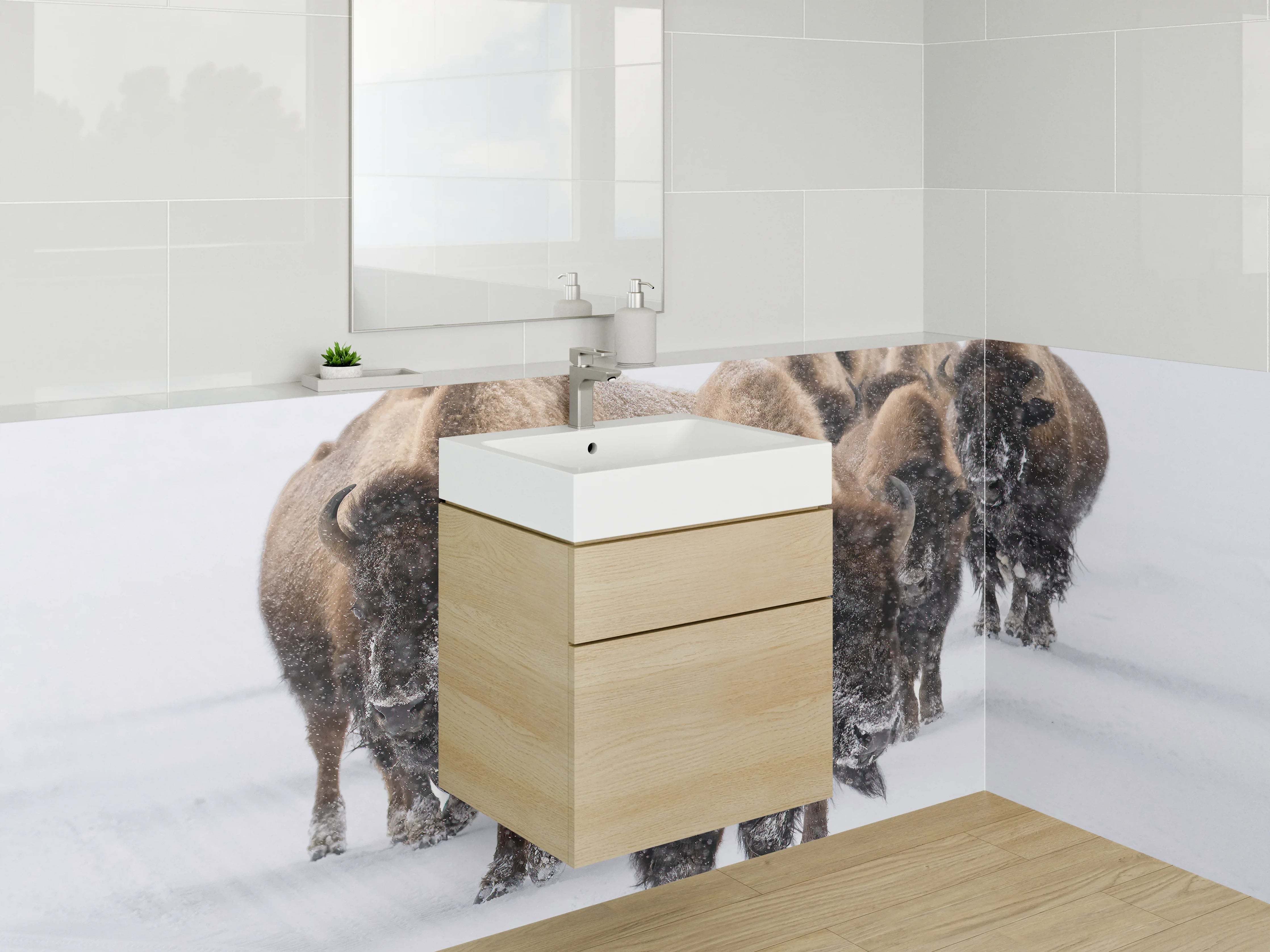Waschbecken-Rückwand - Bisons im Winter auf weißem Schnee