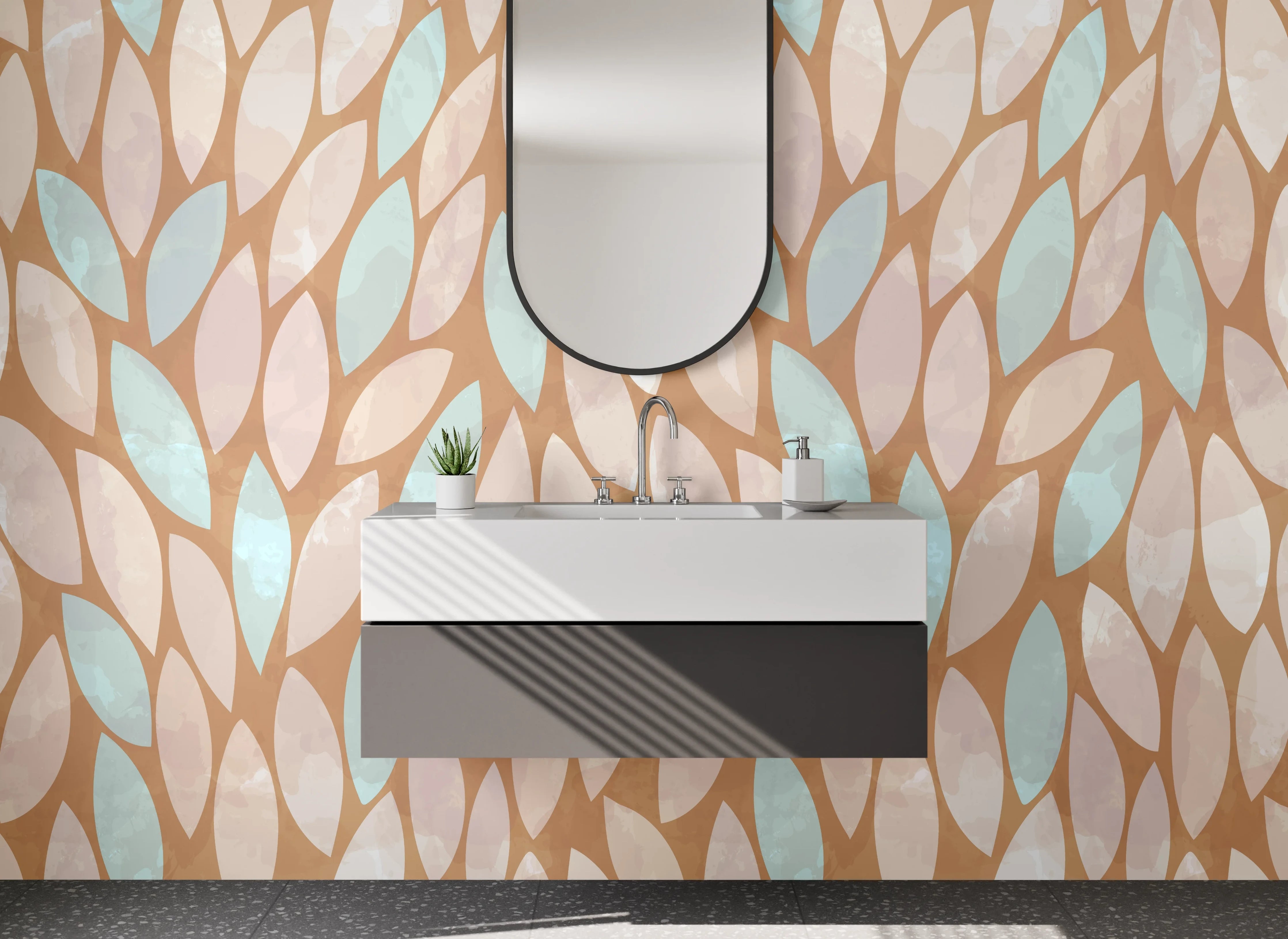 Waschbecken-Rückwand - Blätter-Design Braun Beige Türkis Muster
