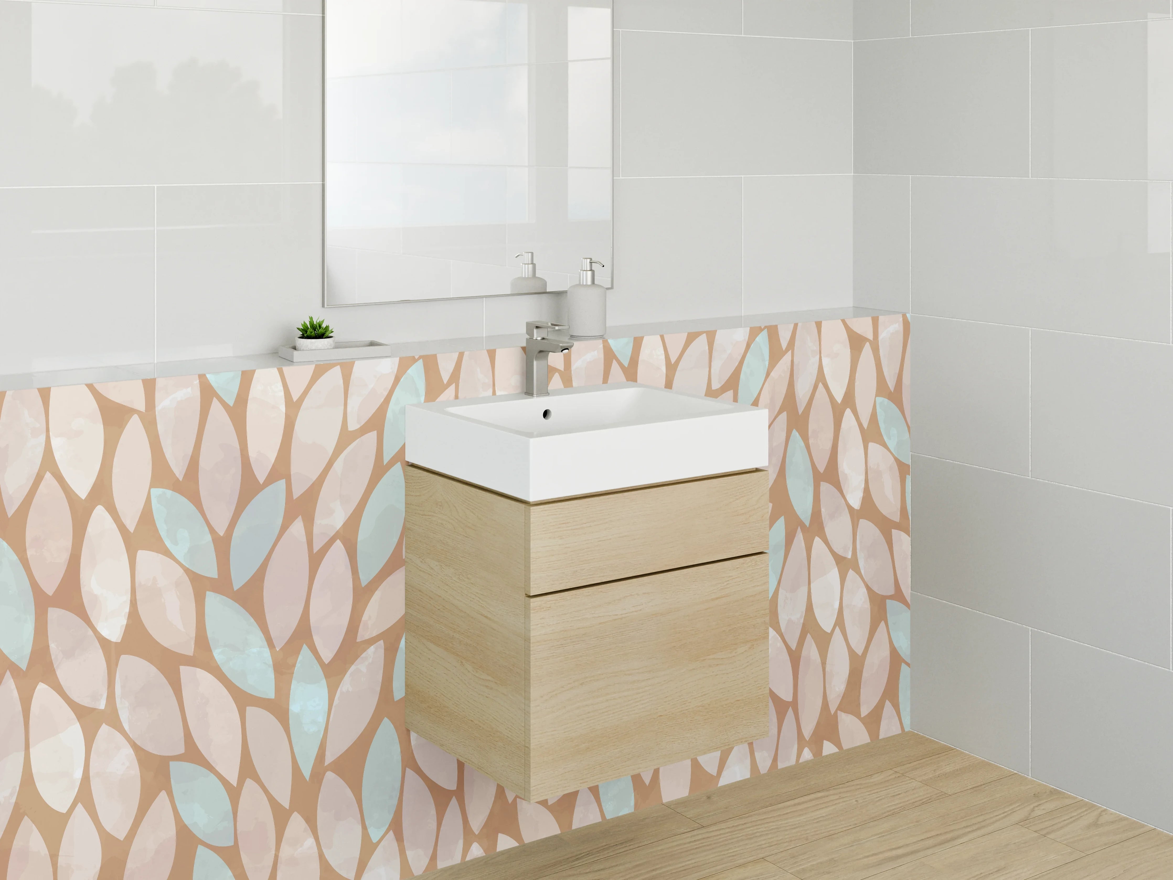 Waschbecken-Rückwand - Blätter-Design Braun Beige Türkis Muster