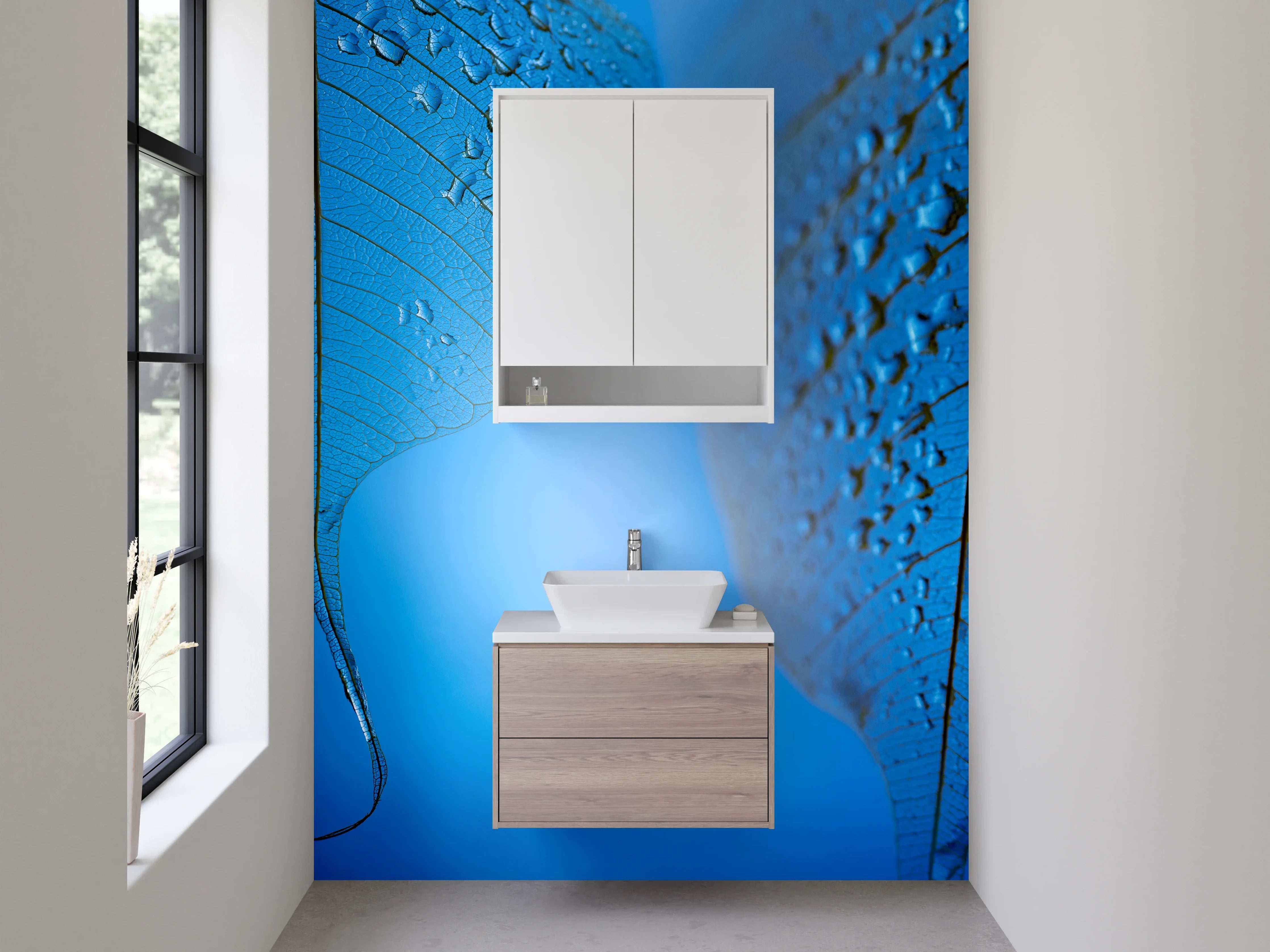 Waschbecken-Rückwand - Blatt im Tau auf Blau