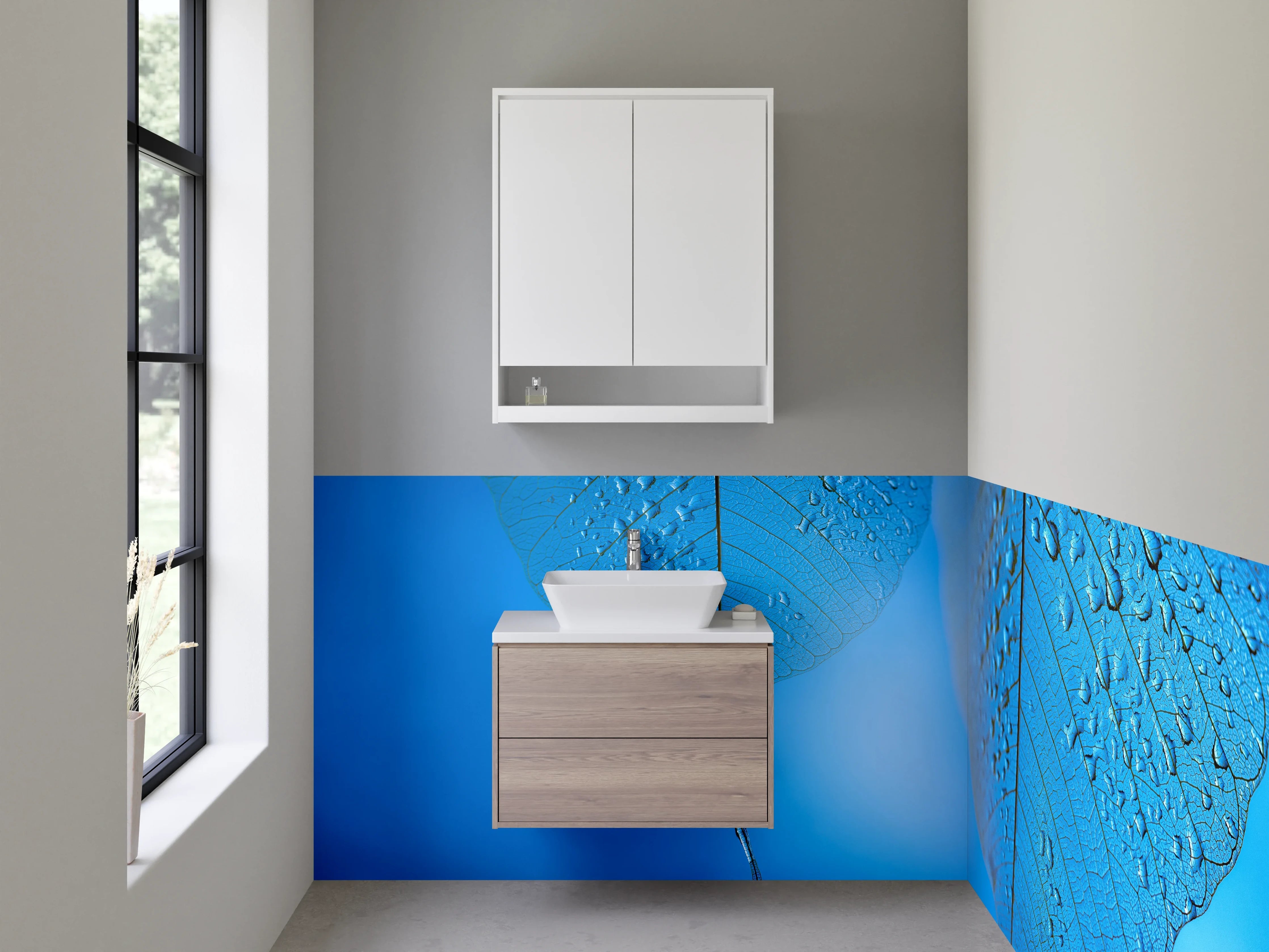 Waschbecken-Rückwand - Blatt im Tau auf Blau