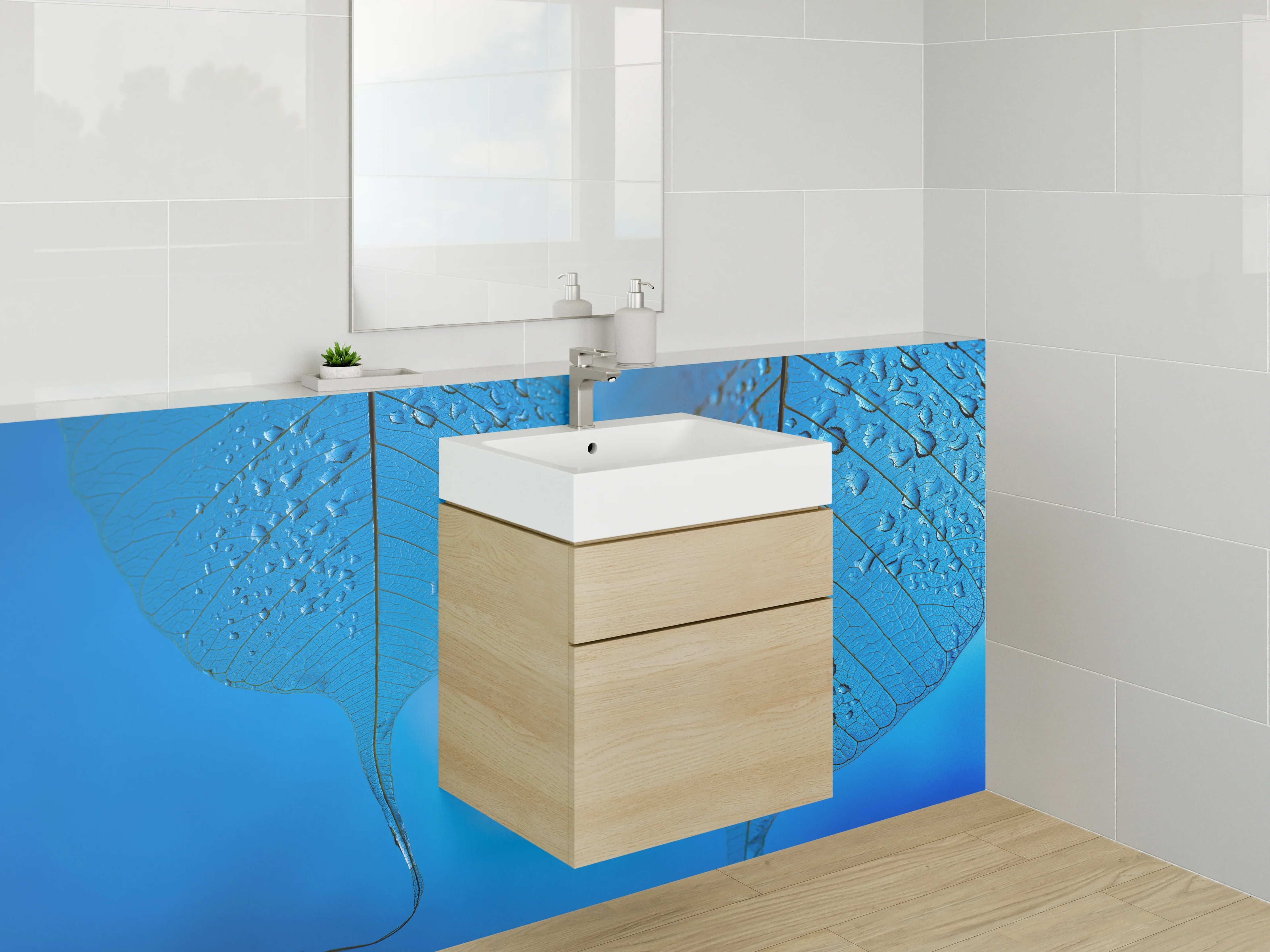 Waschbecken-Rückwand - Blatt im Tau auf Blau
