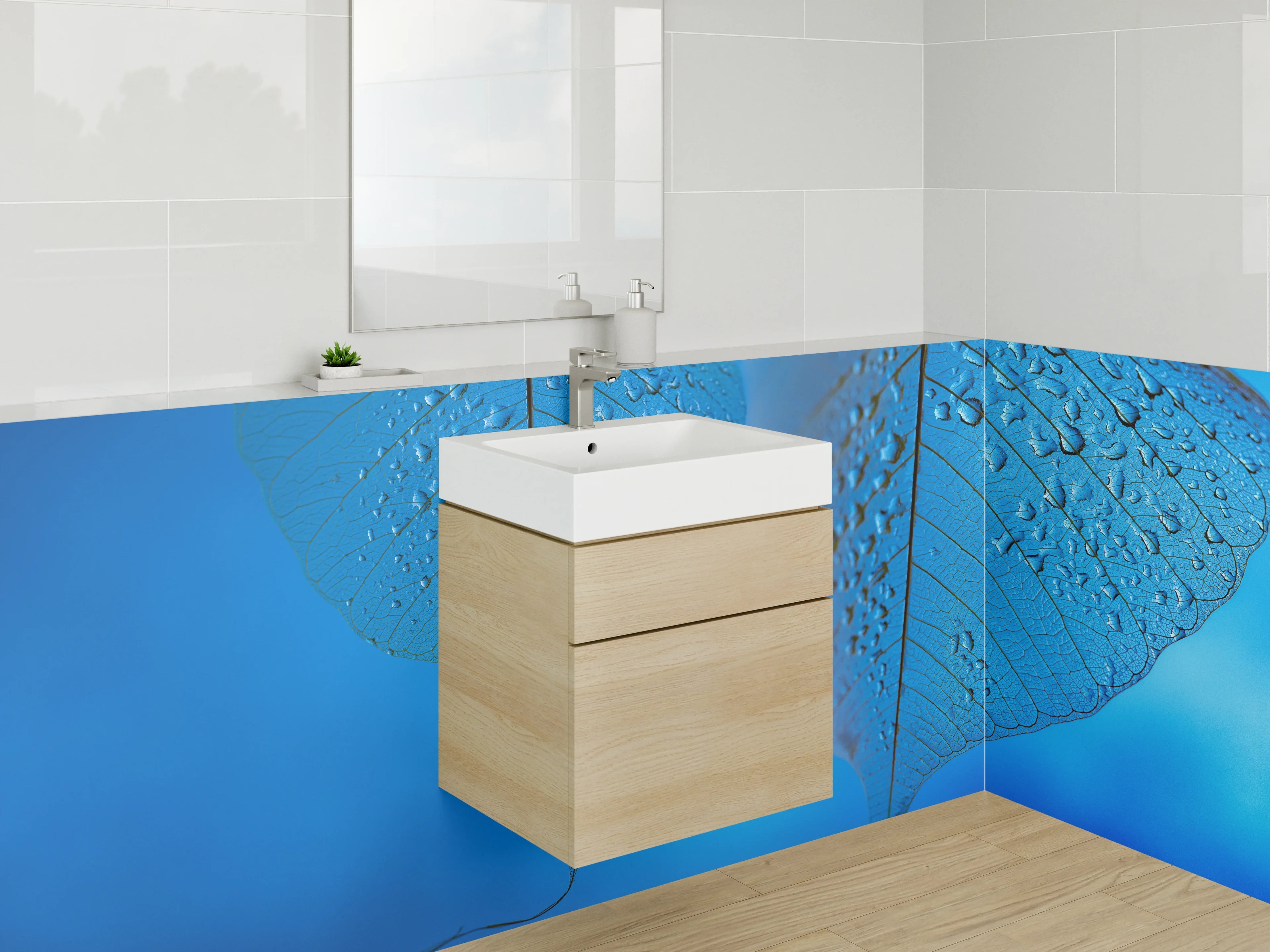 Waschbecken-Rückwand - Blatt im Tau auf Blau