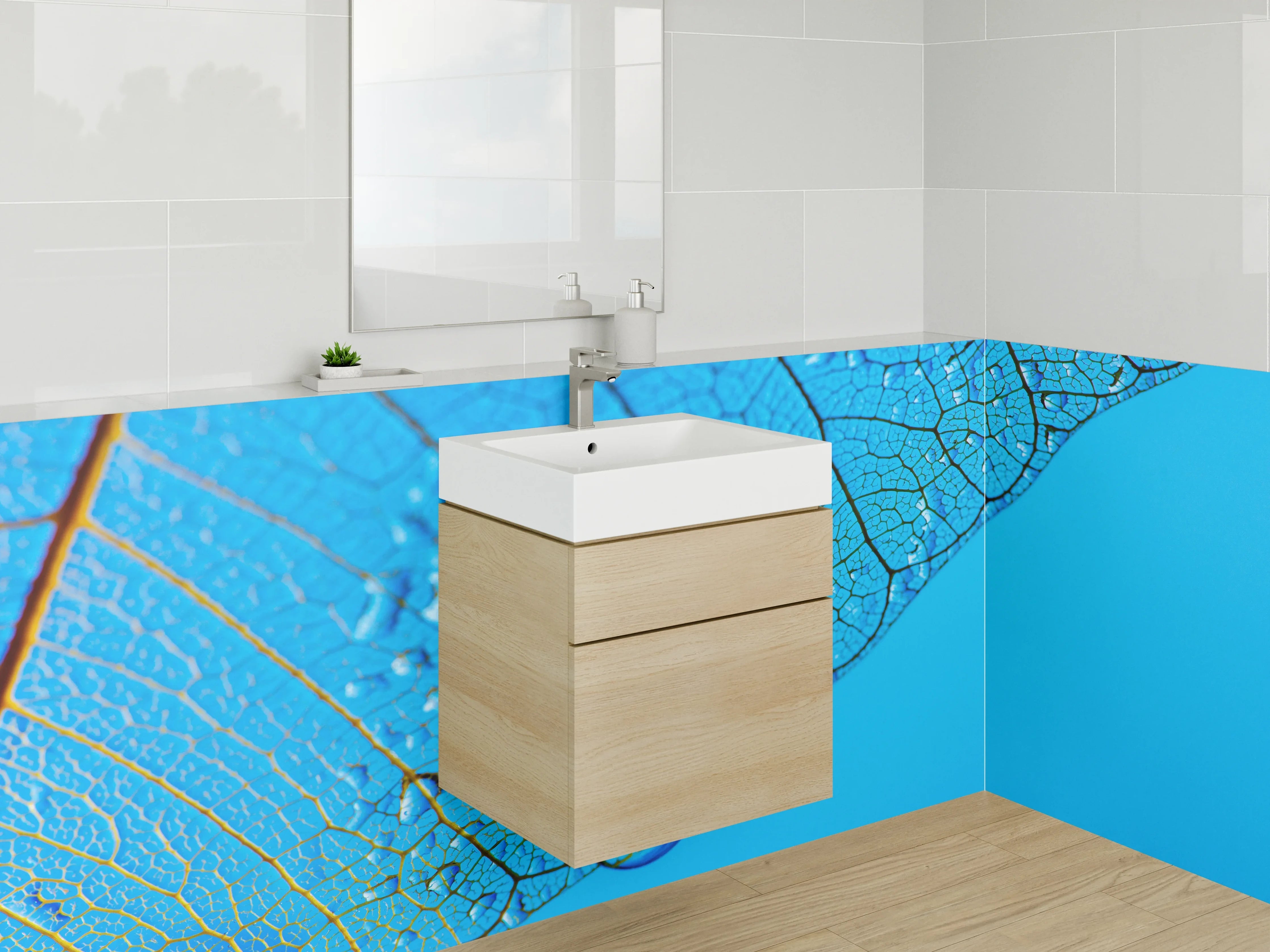 Waschbecken-Rückwand - Blatt mit Wassertropfen Makro Blau