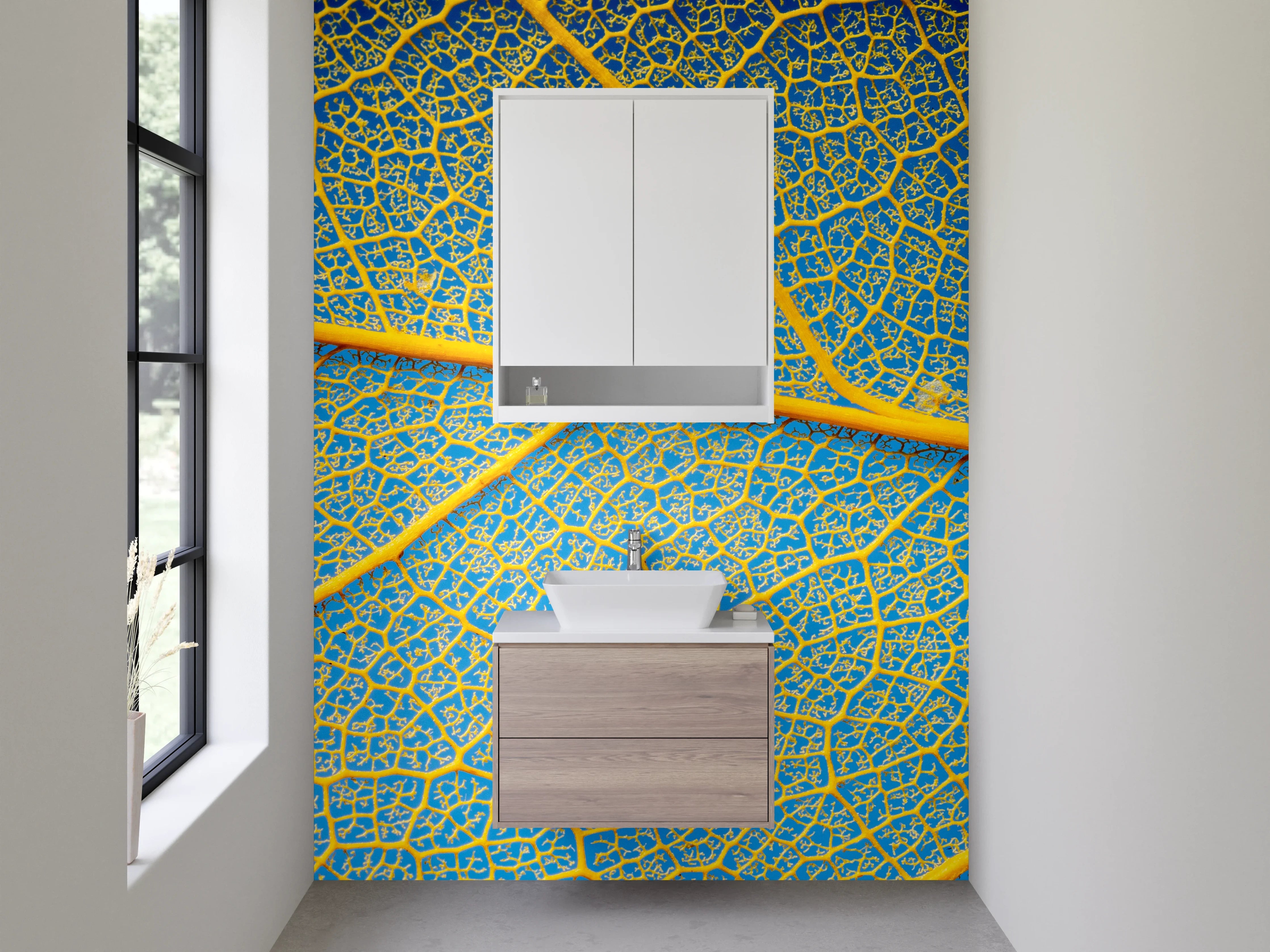 Waschbecken-Rückwand - Blattadern Makro Gelb-Blau Kunst