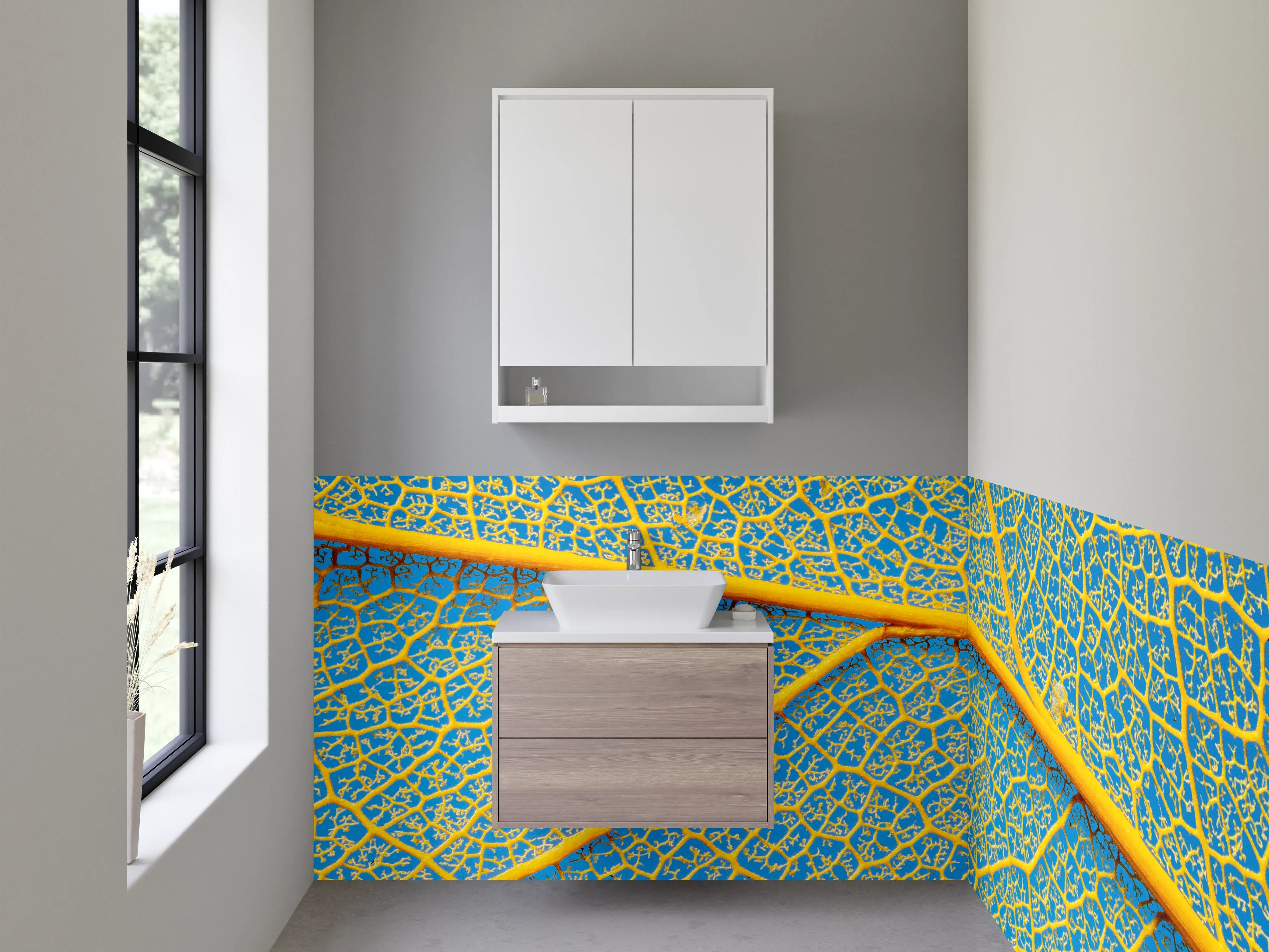 Waschbecken-Rückwand - Blattadern Makro Gelb-Blau Kunst