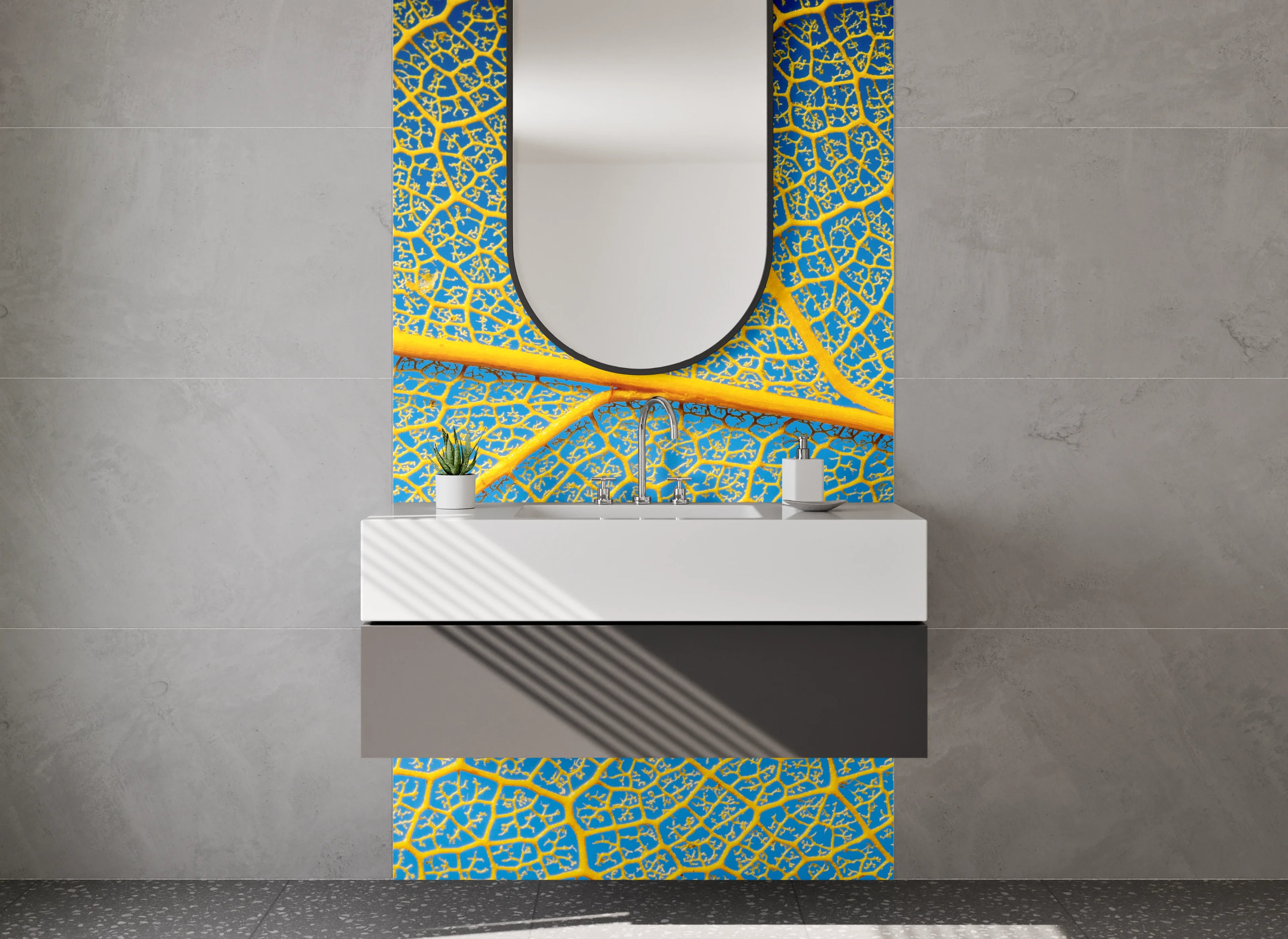 Waschbecken-Rückwand - Blattadern Makro Gelb-Blau Kunst
