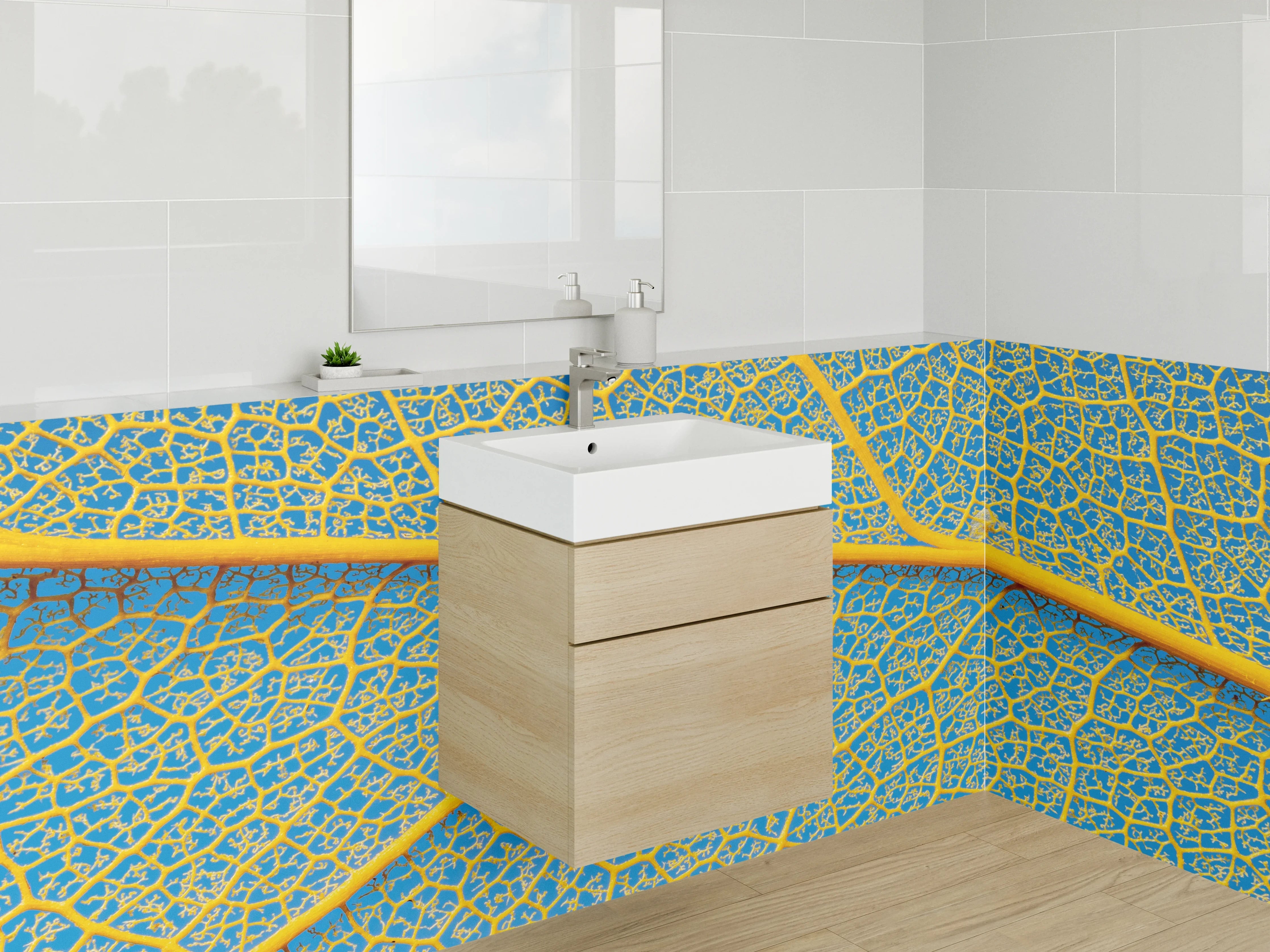 Waschbecken-Rückwand - Blattadern Makro Gelb-Blau Kunst