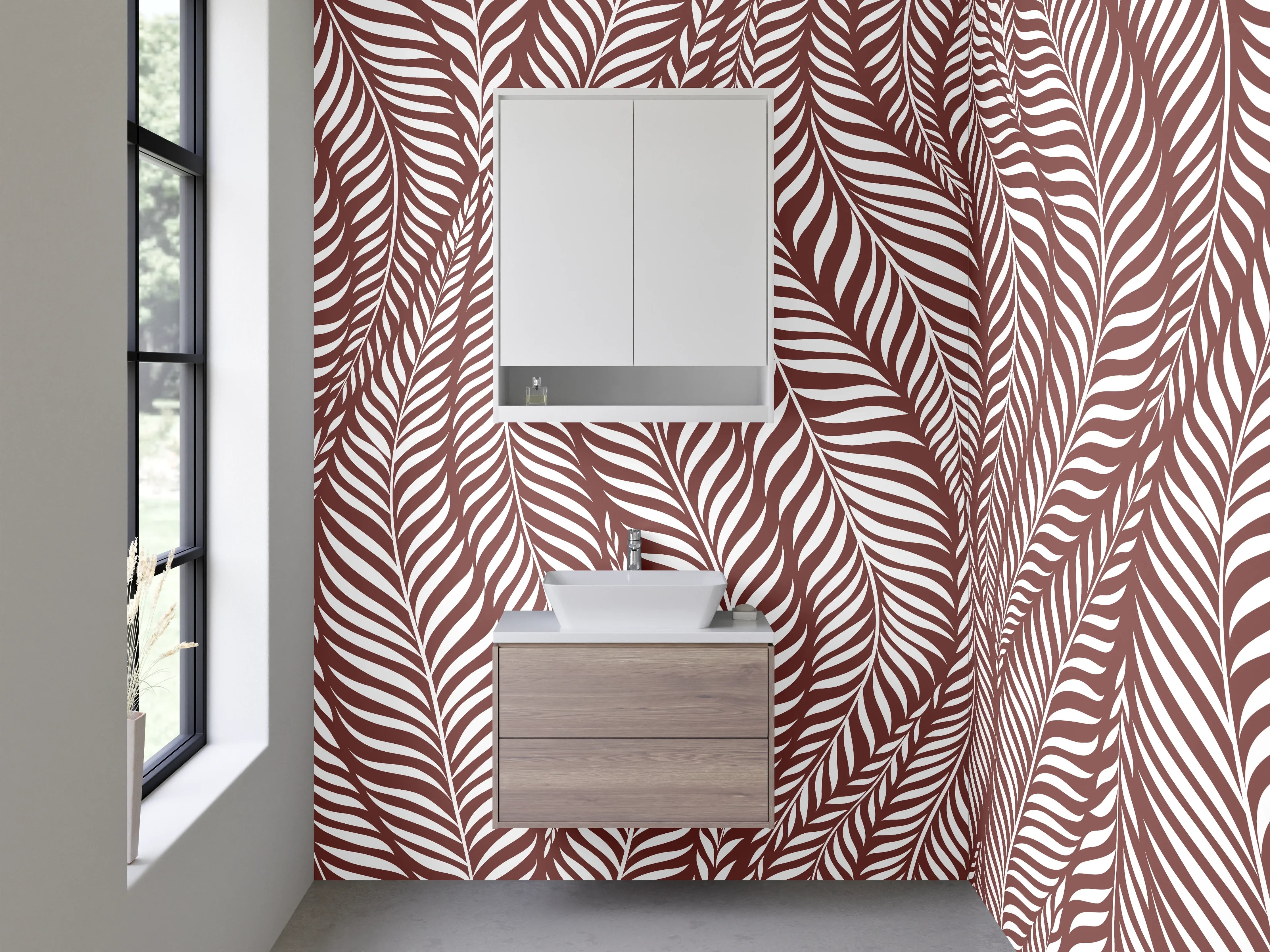 Waschbecken-Rückwand - Blattdesign Braun Grau-Weiß Eleganz
