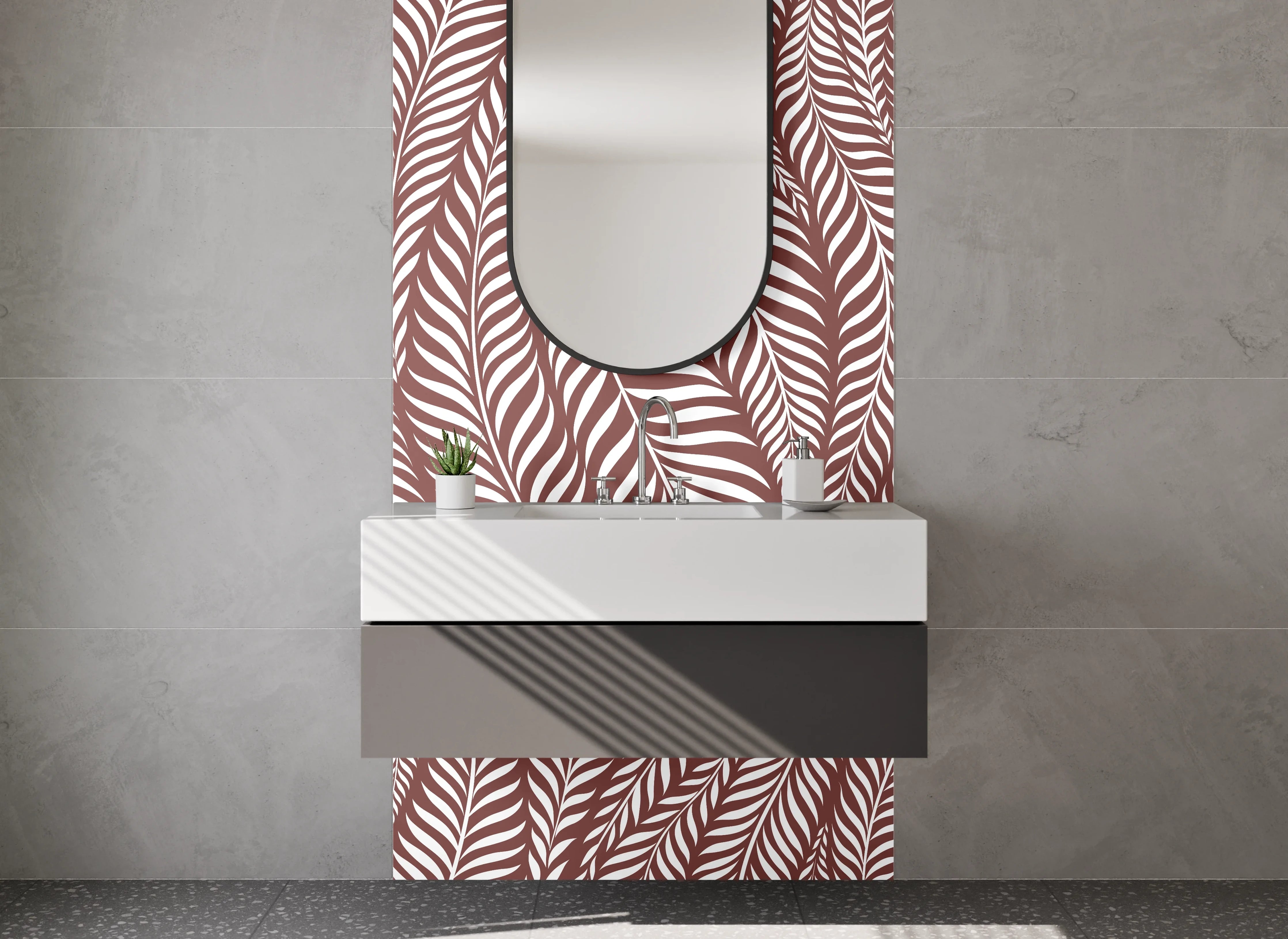 Waschbecken-Rückwand - Blattdesign Braun Grau-Weiß Eleganz