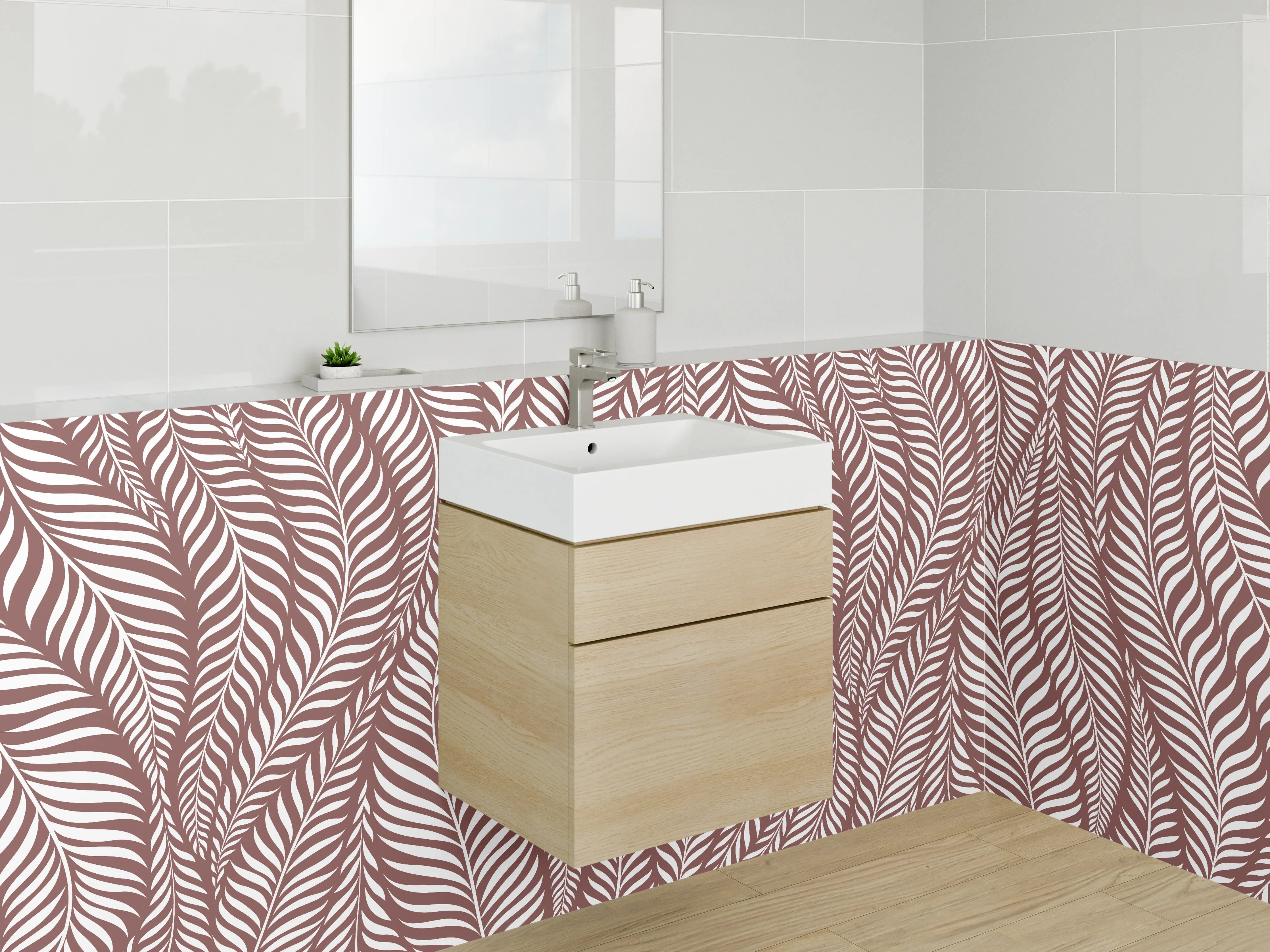 Waschbecken-Rückwand - Blattdesign Braun Grau-Weiß Eleganz