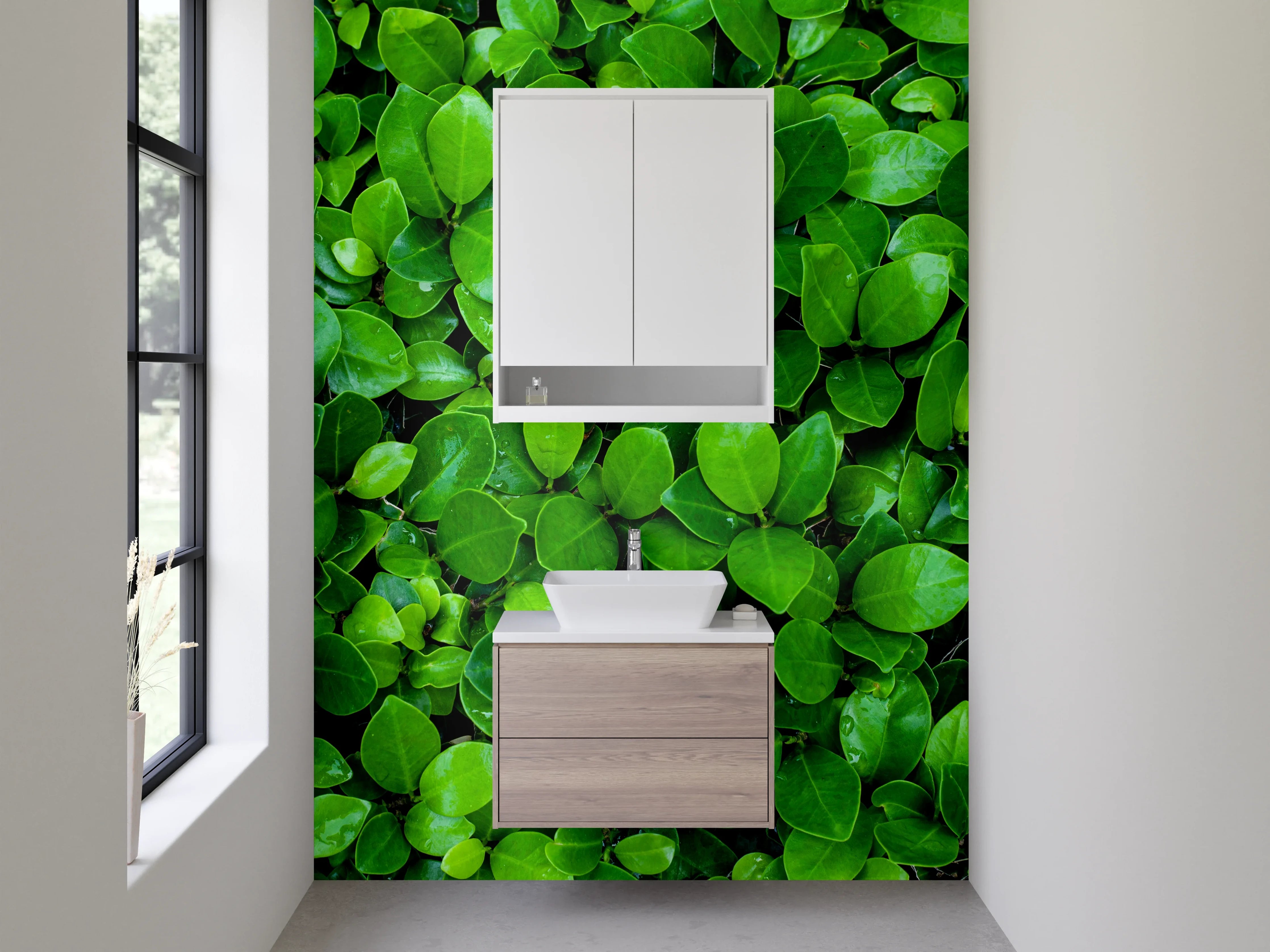 Waschbecken-Rückwand - Blattgrüne Pflanzen auf Wand – Naturmotiv