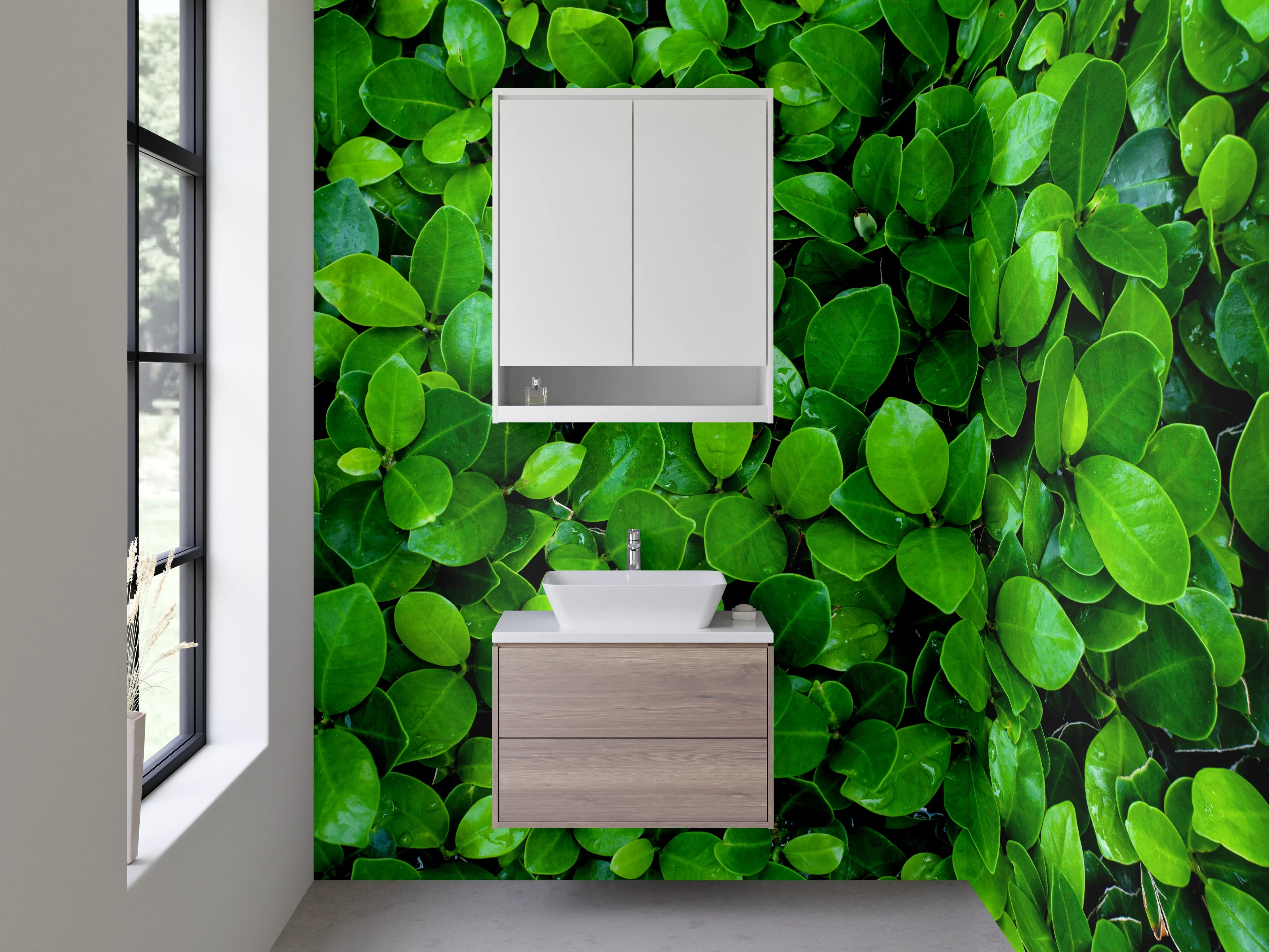 Waschbecken-Rückwand - Blattgrüne Pflanzen auf Wand – Naturmotiv