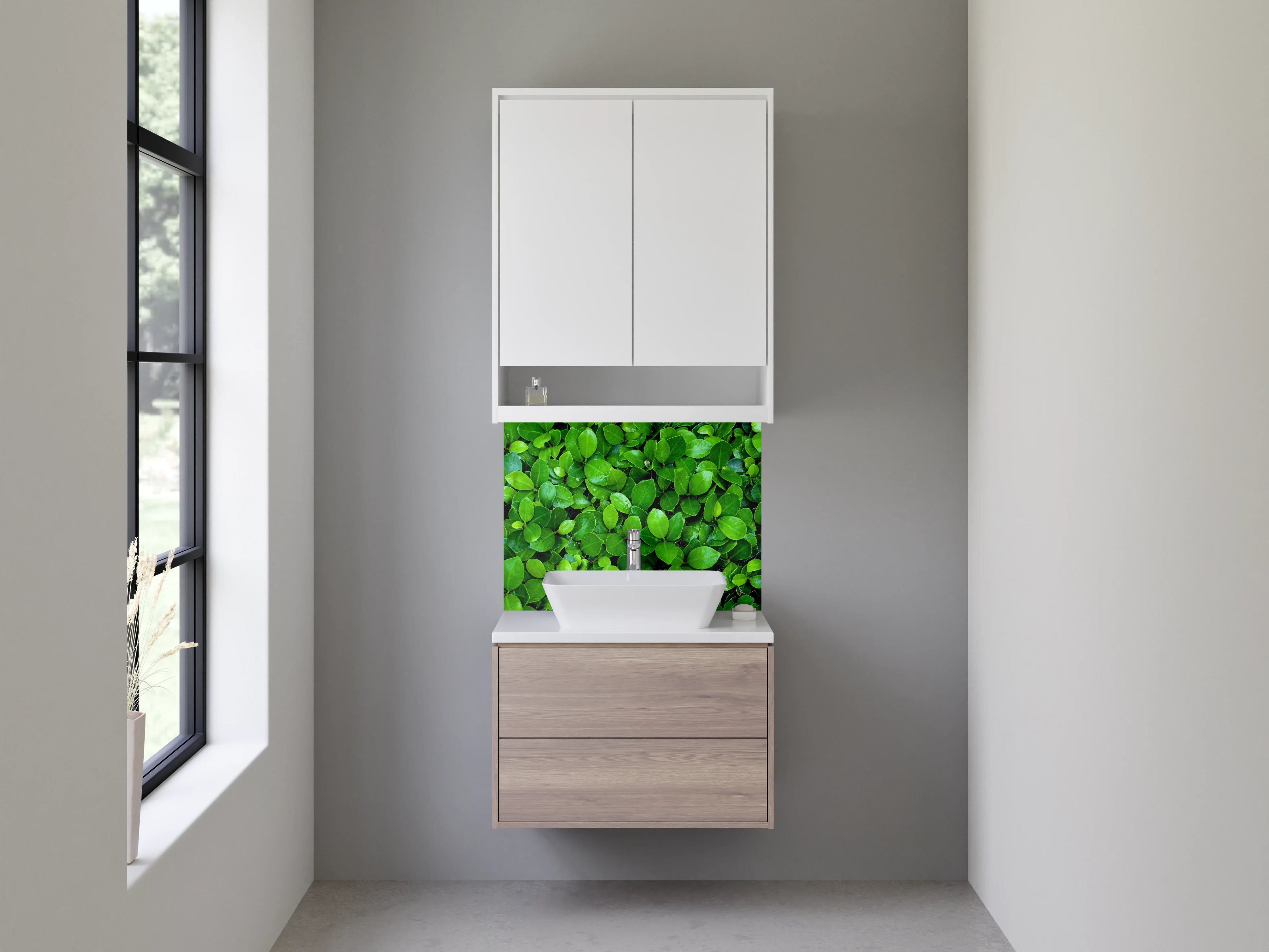 Waschbecken-Rückwand - Blattgrüne Pflanzen auf Wand – Naturmotiv