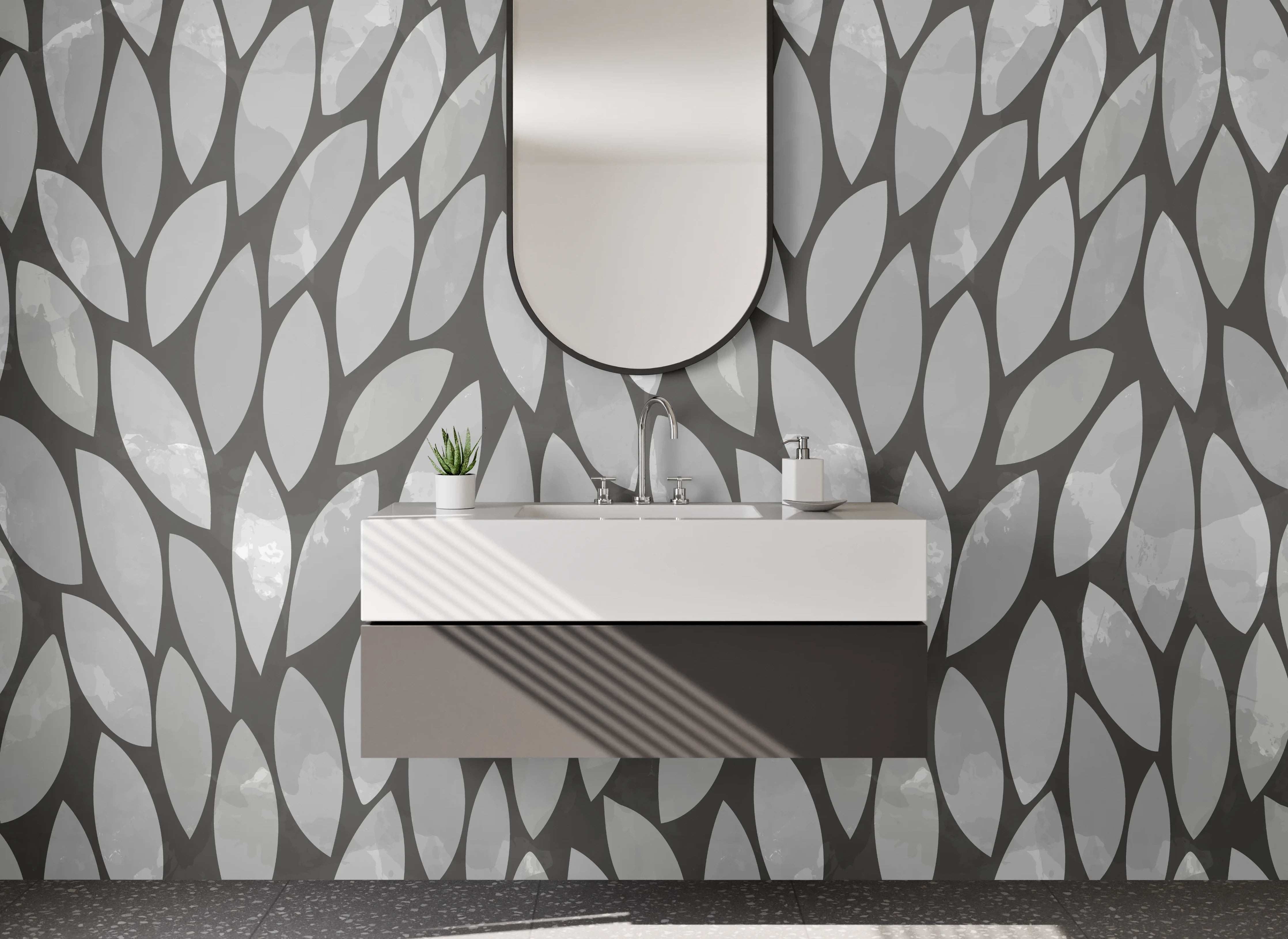 Waschbecken-Rückwand - Blattmuster Grau Weiß Elegant