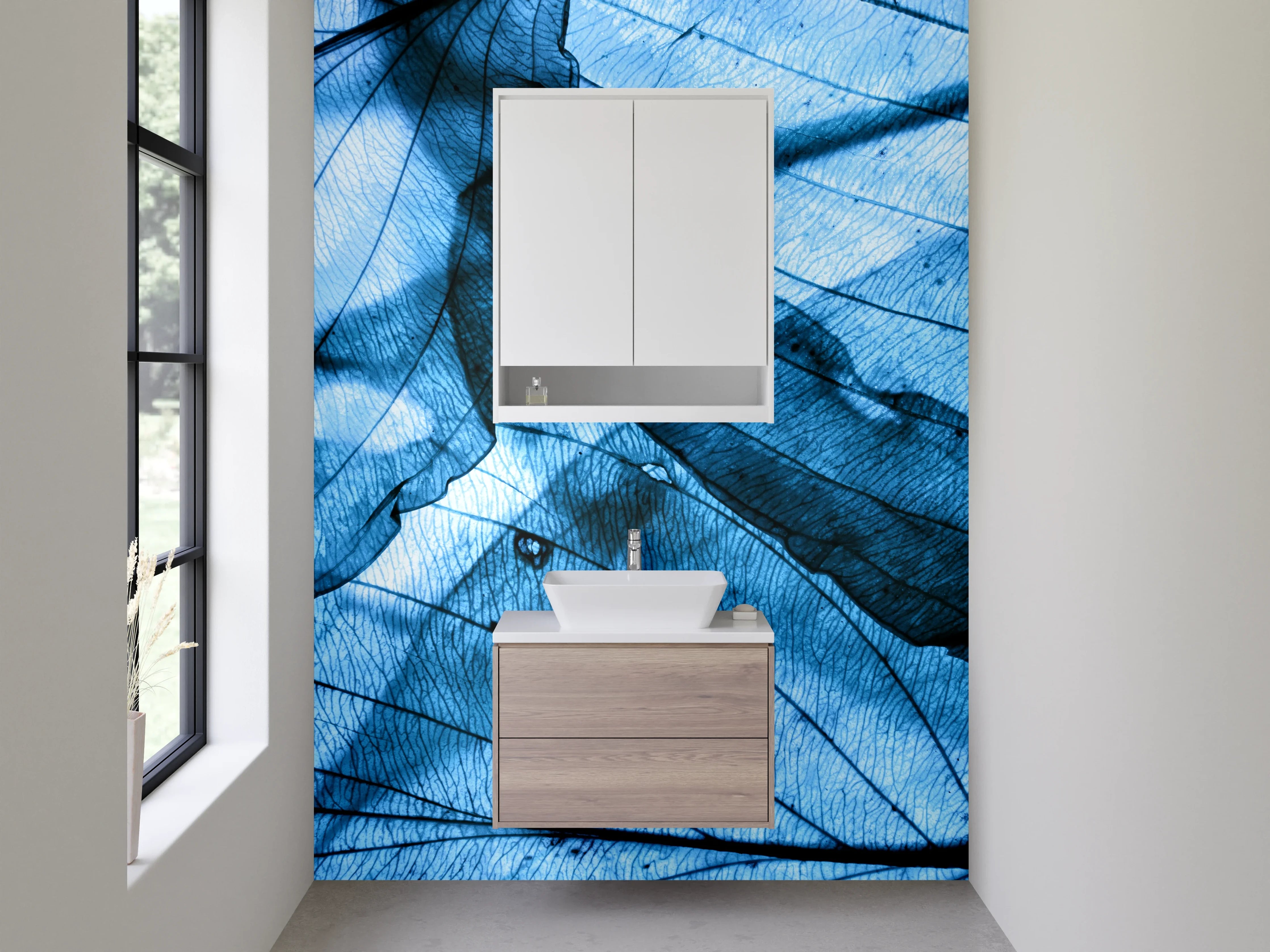 Waschbecken-Rückwand - Blattstrukturen in Blau – Abstraktes Naturdesign