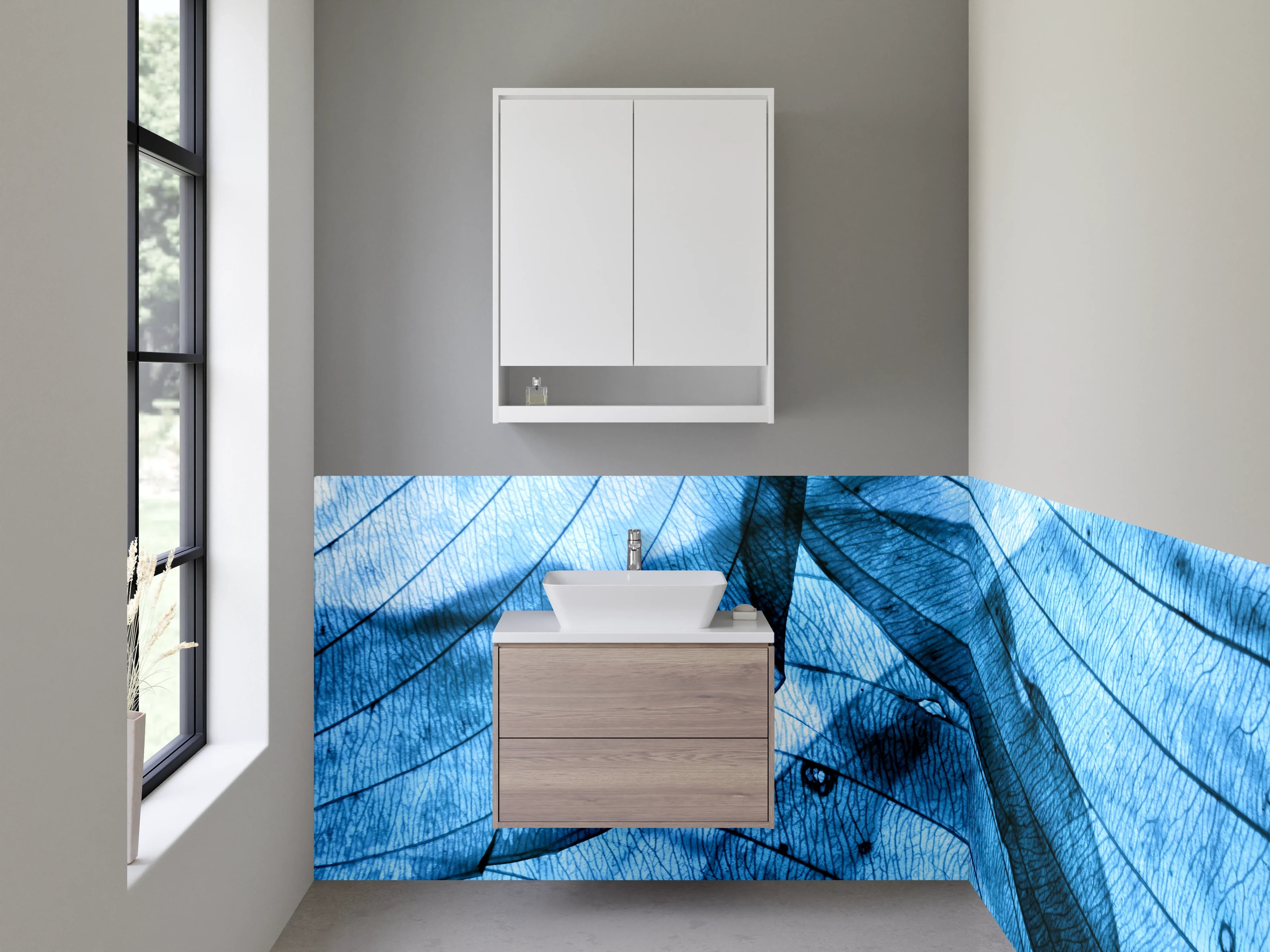 Waschbecken-Rückwand - Blattstrukturen in Blau – Abstraktes Naturdesign