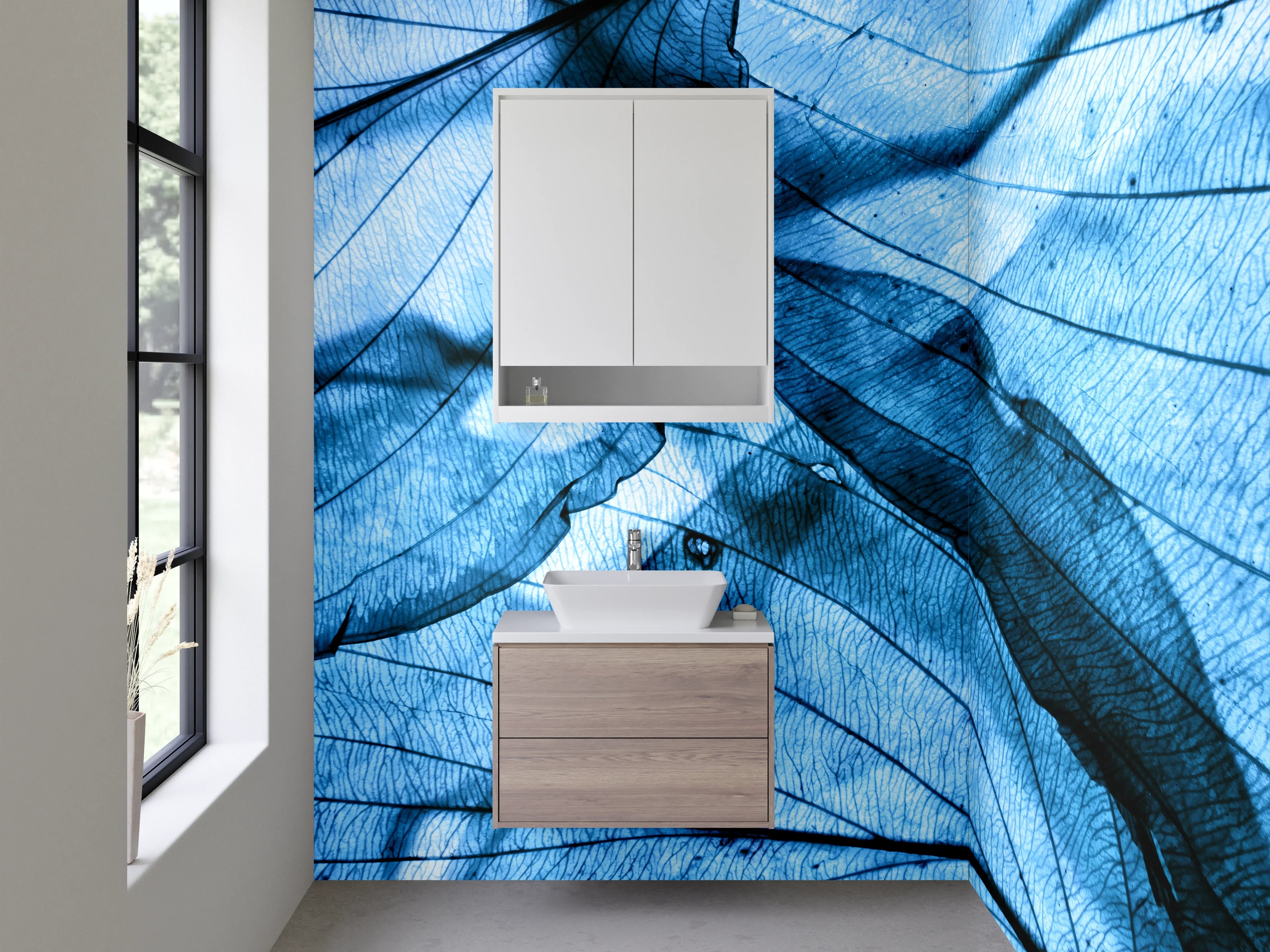 Waschbecken-Rückwand - Blattstrukturen in Blau – Abstraktes Naturdesign