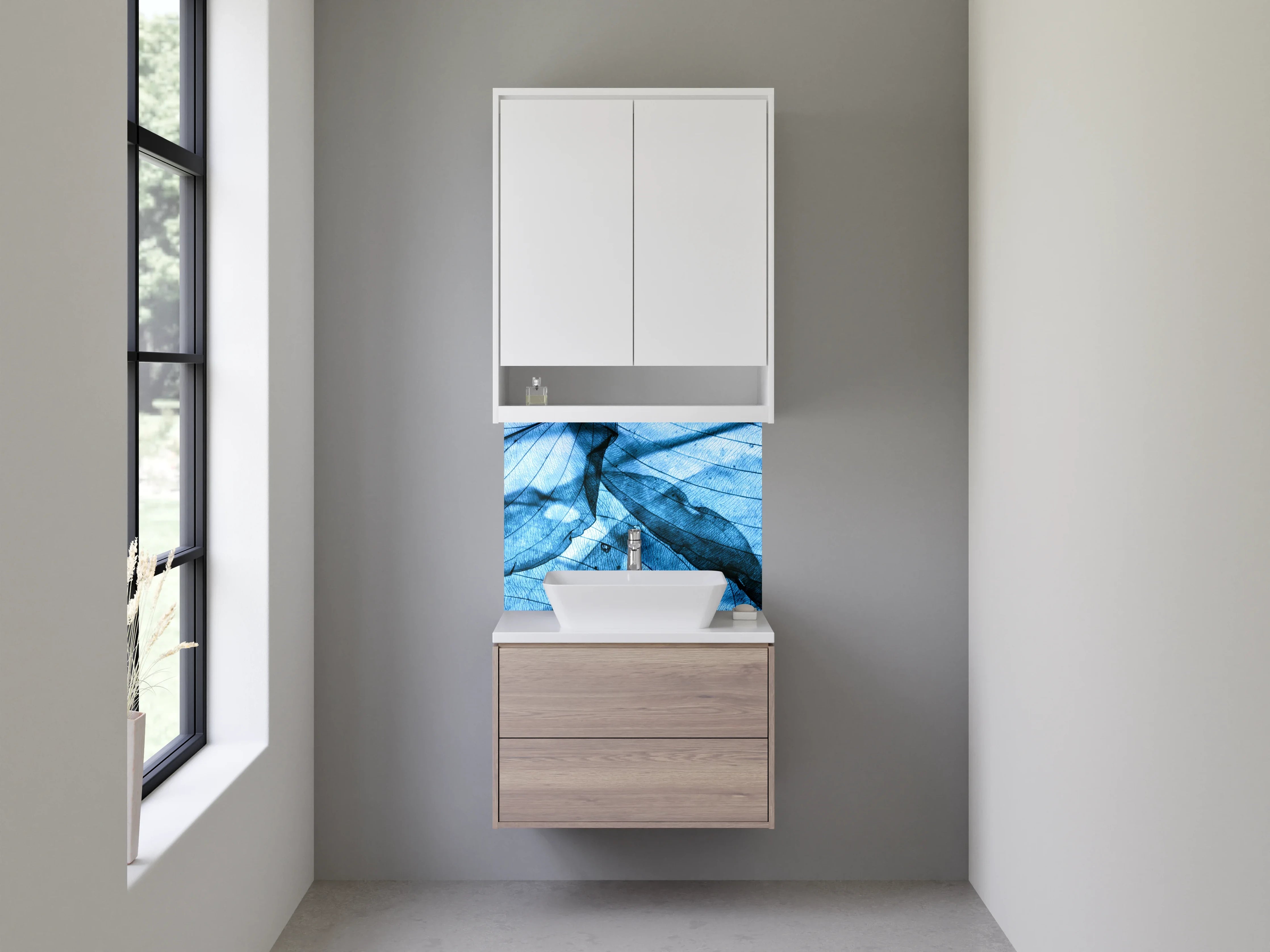 Waschbecken-Rückwand - Blattstrukturen in Blau – Abstraktes Naturdesign