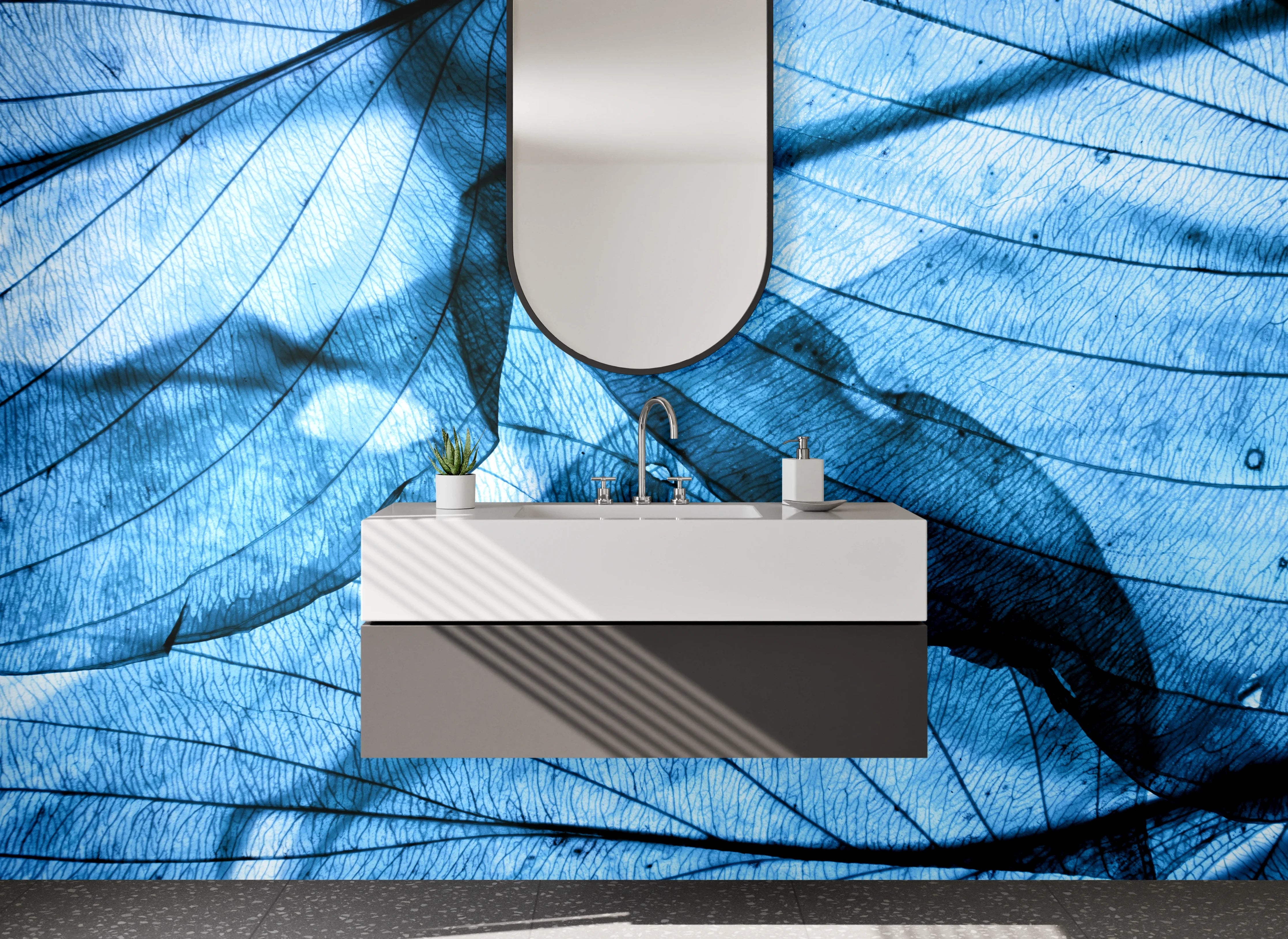 Waschbecken-Rückwand - Blattstrukturen in Blau – Abstraktes Naturdesign