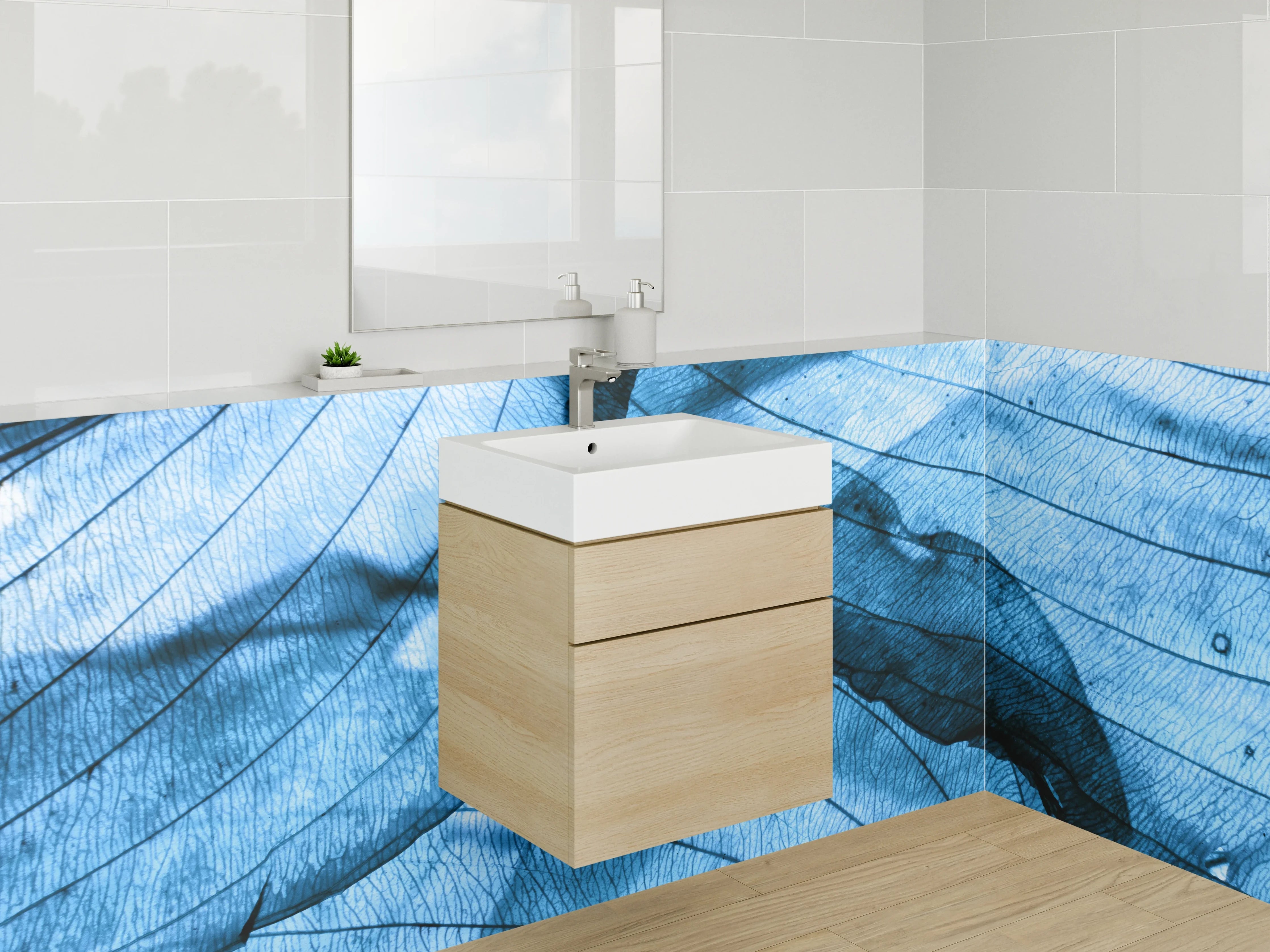 Waschbecken-Rückwand - Blattstrukturen in Blau – Abstraktes Naturdesign
