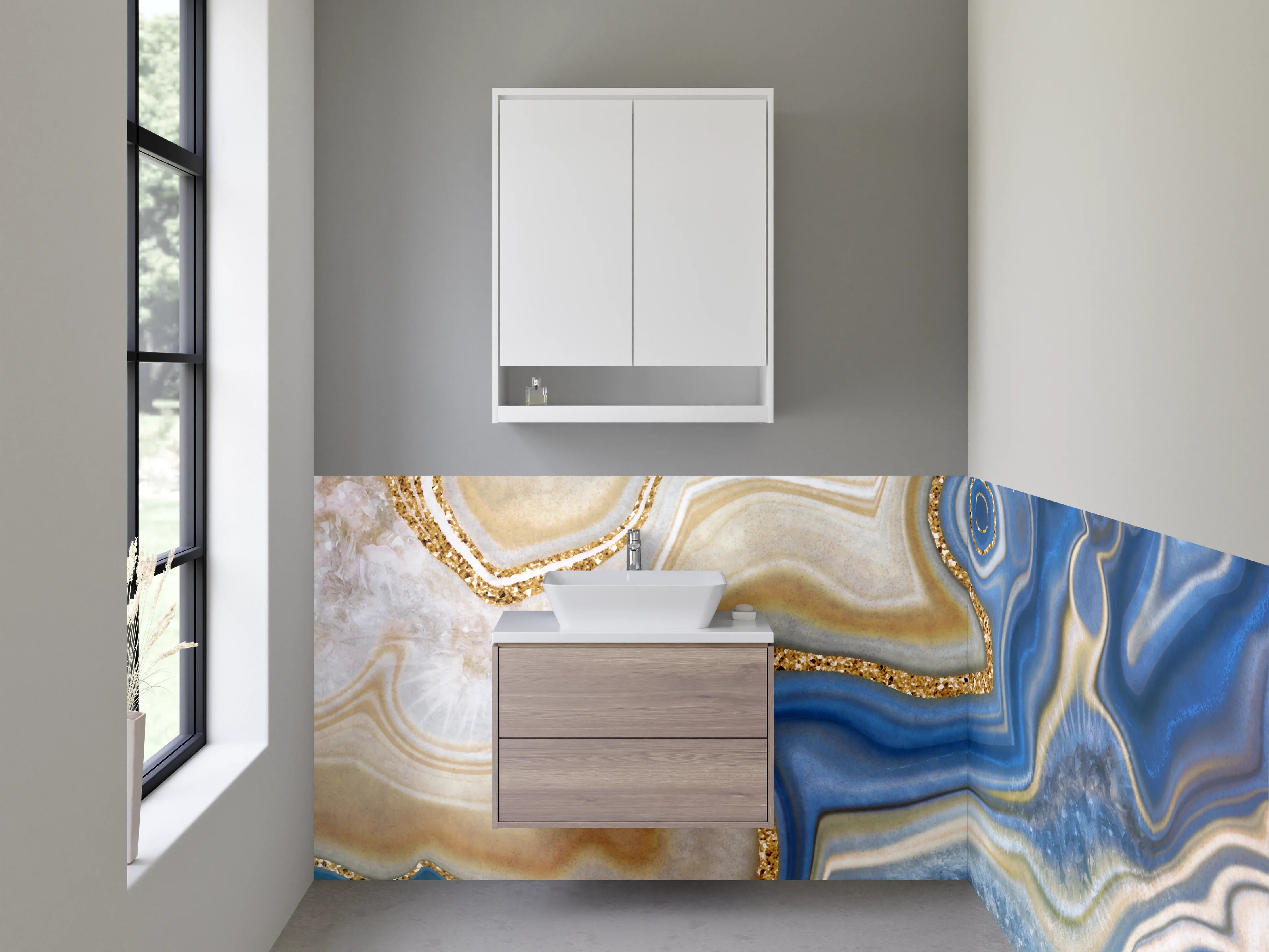 Waschbecken-Rückwand - Blau-Goldene Marmor-Optik abstrakt