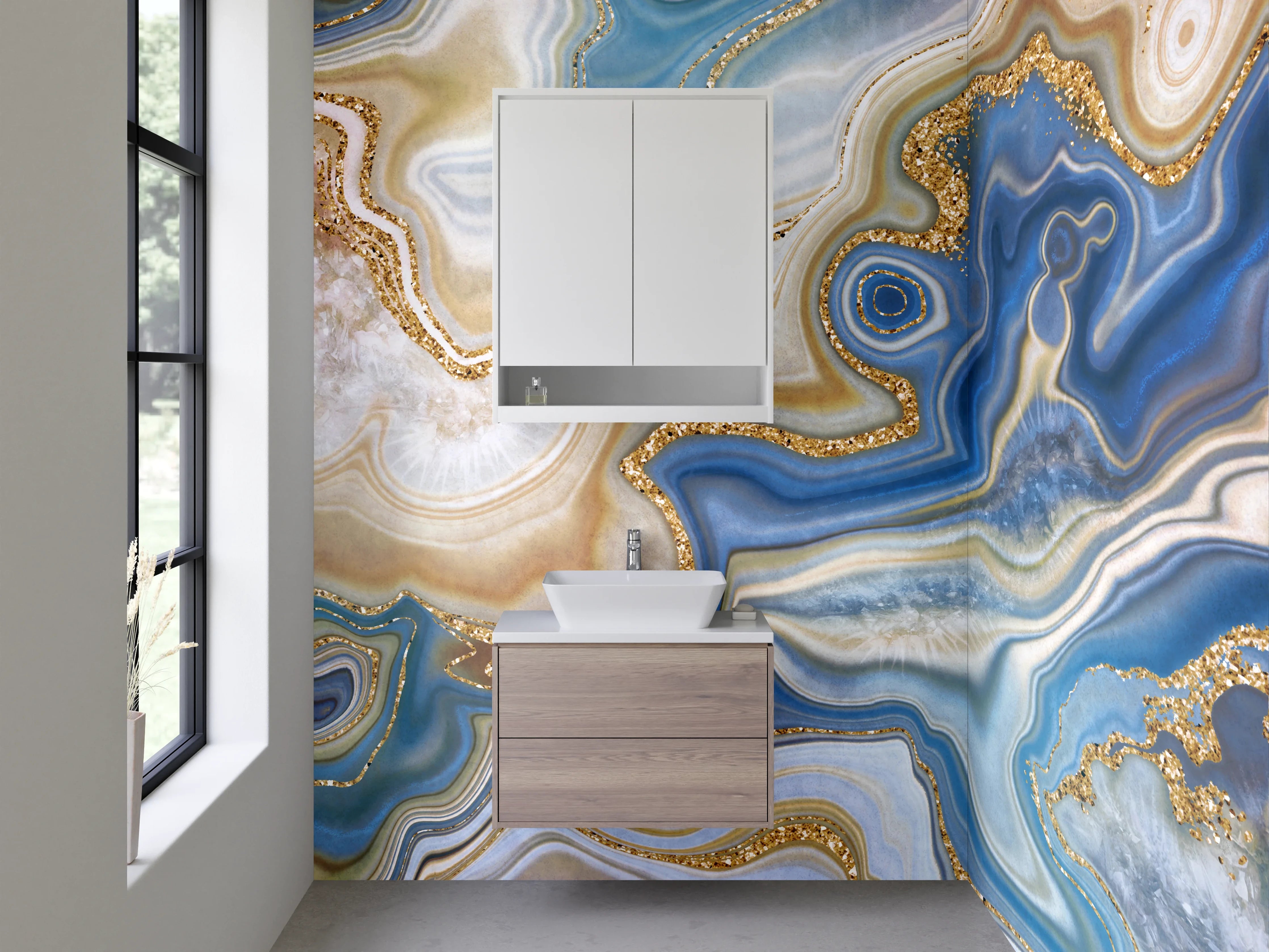 Waschbecken-Rückwand - Blau-Goldene Marmor-Optik abstrakt