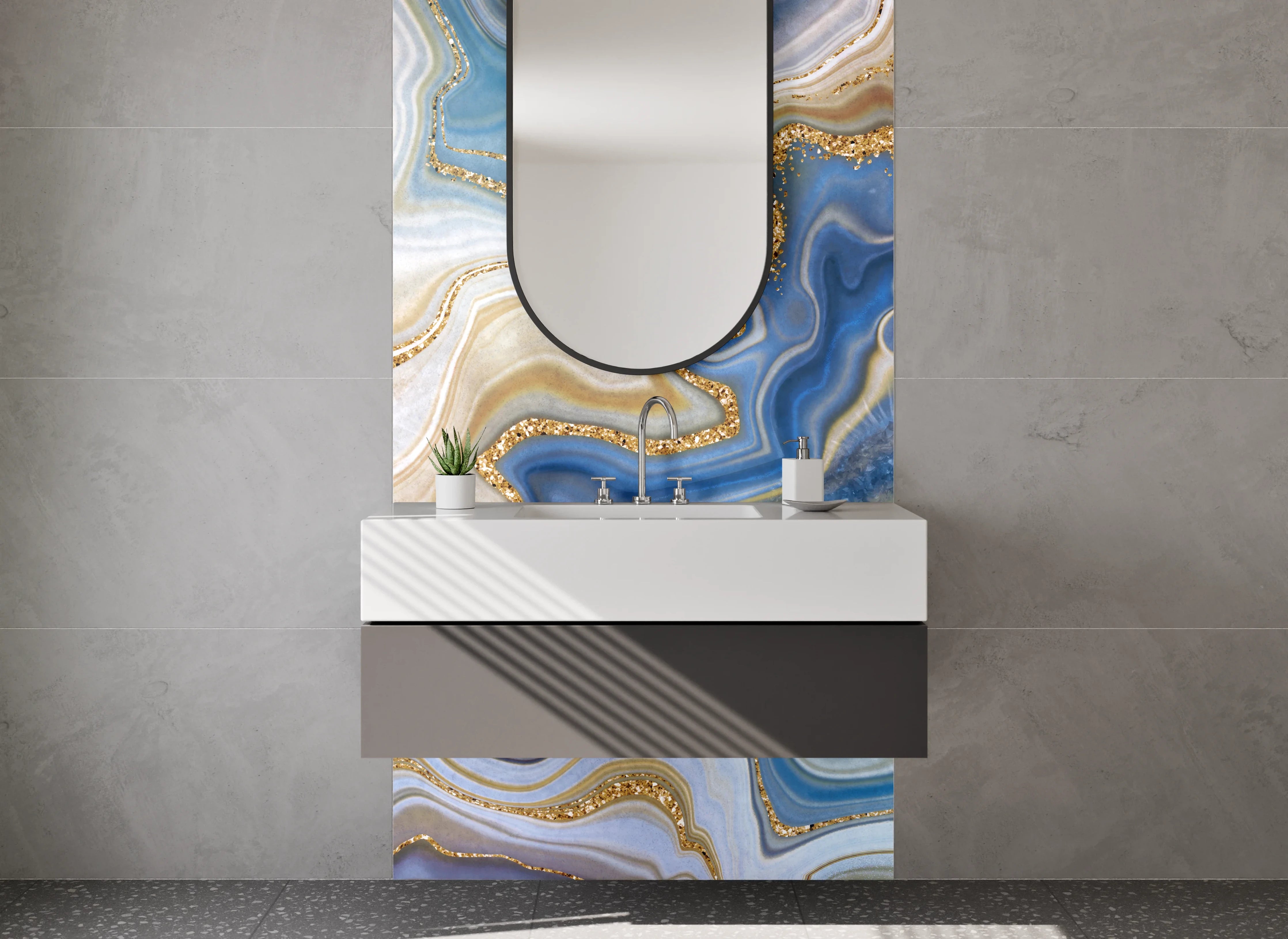 Waschbecken-Rückwand - Blau-Goldene Marmor-Optik abstrakt