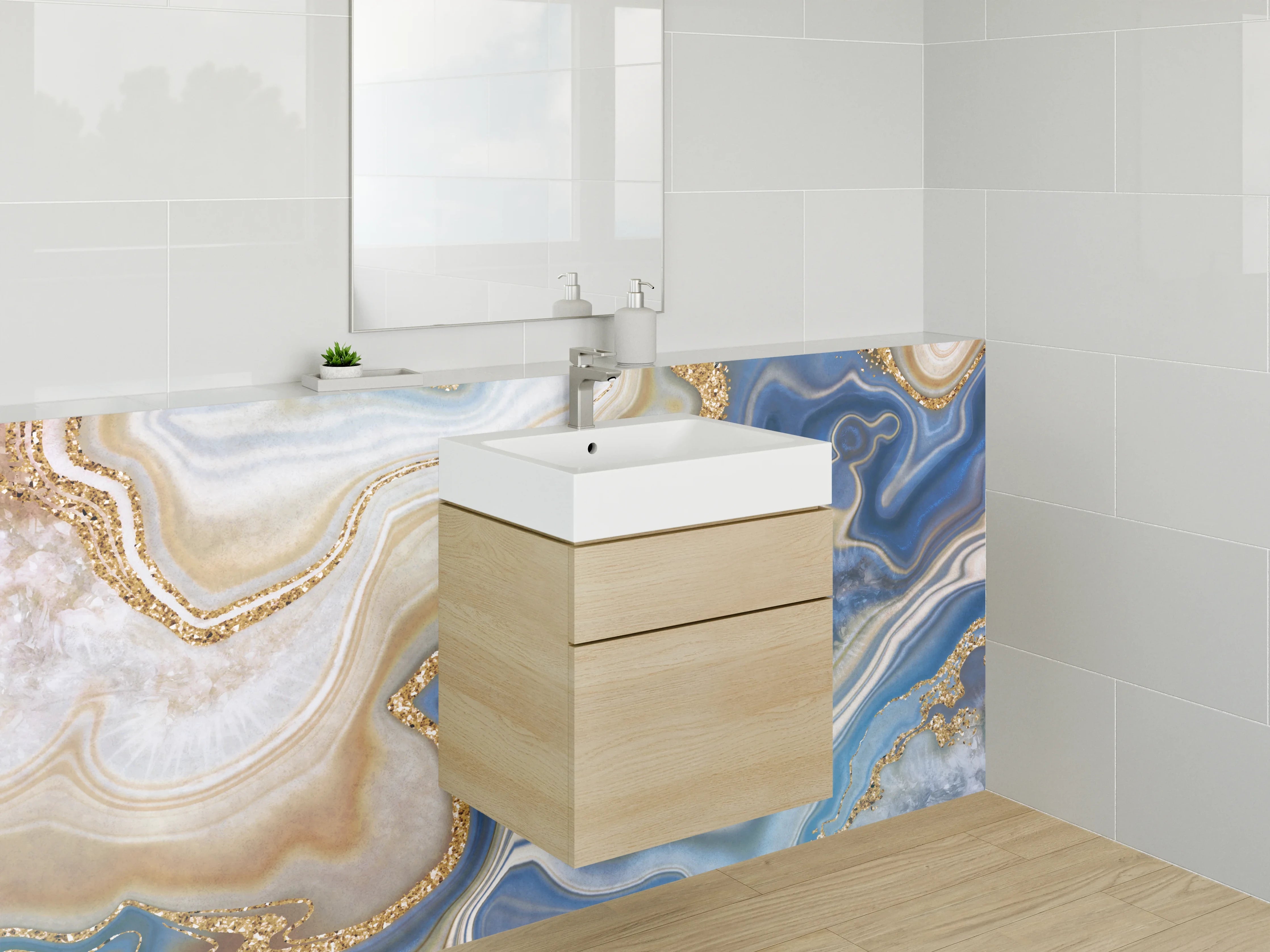 Waschbecken-Rückwand - Blau-Goldene Marmor-Optik abstrakt