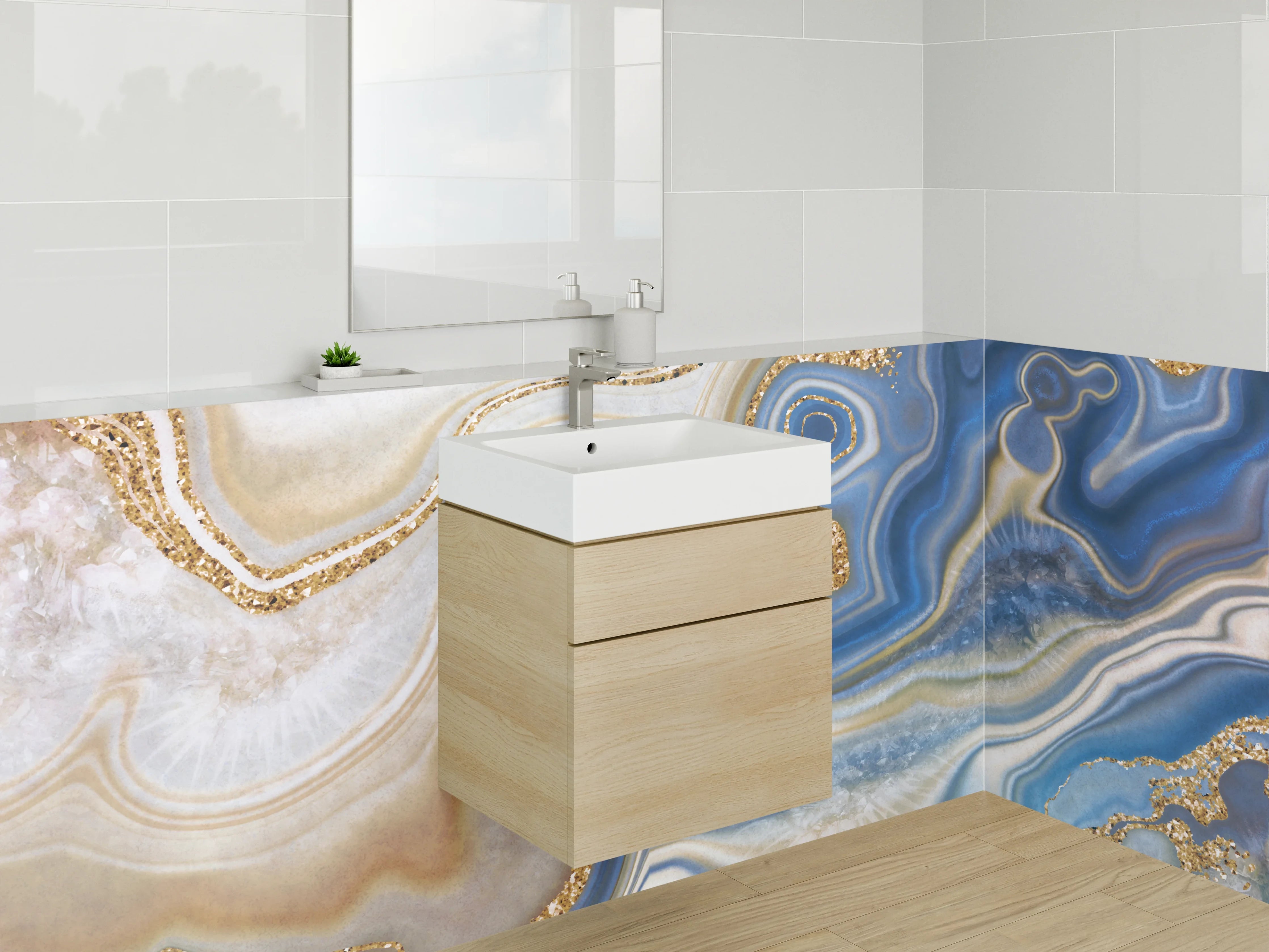 Waschbecken-Rückwand - Blau-Goldene Marmor-Optik abstrakt