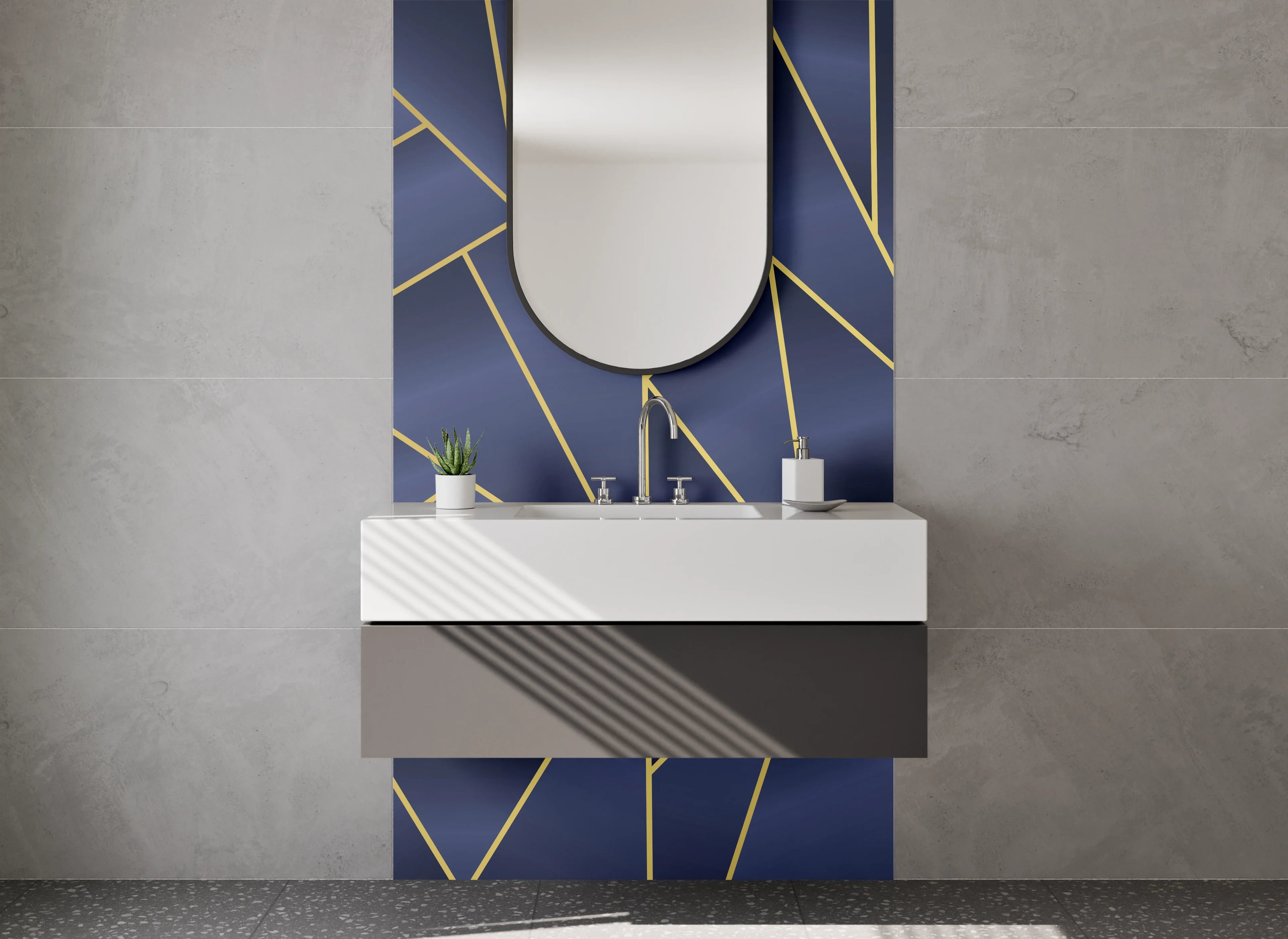 Waschbecken-Rückwand - Blau-Goldenes Deco-Muster mit Grauweiß