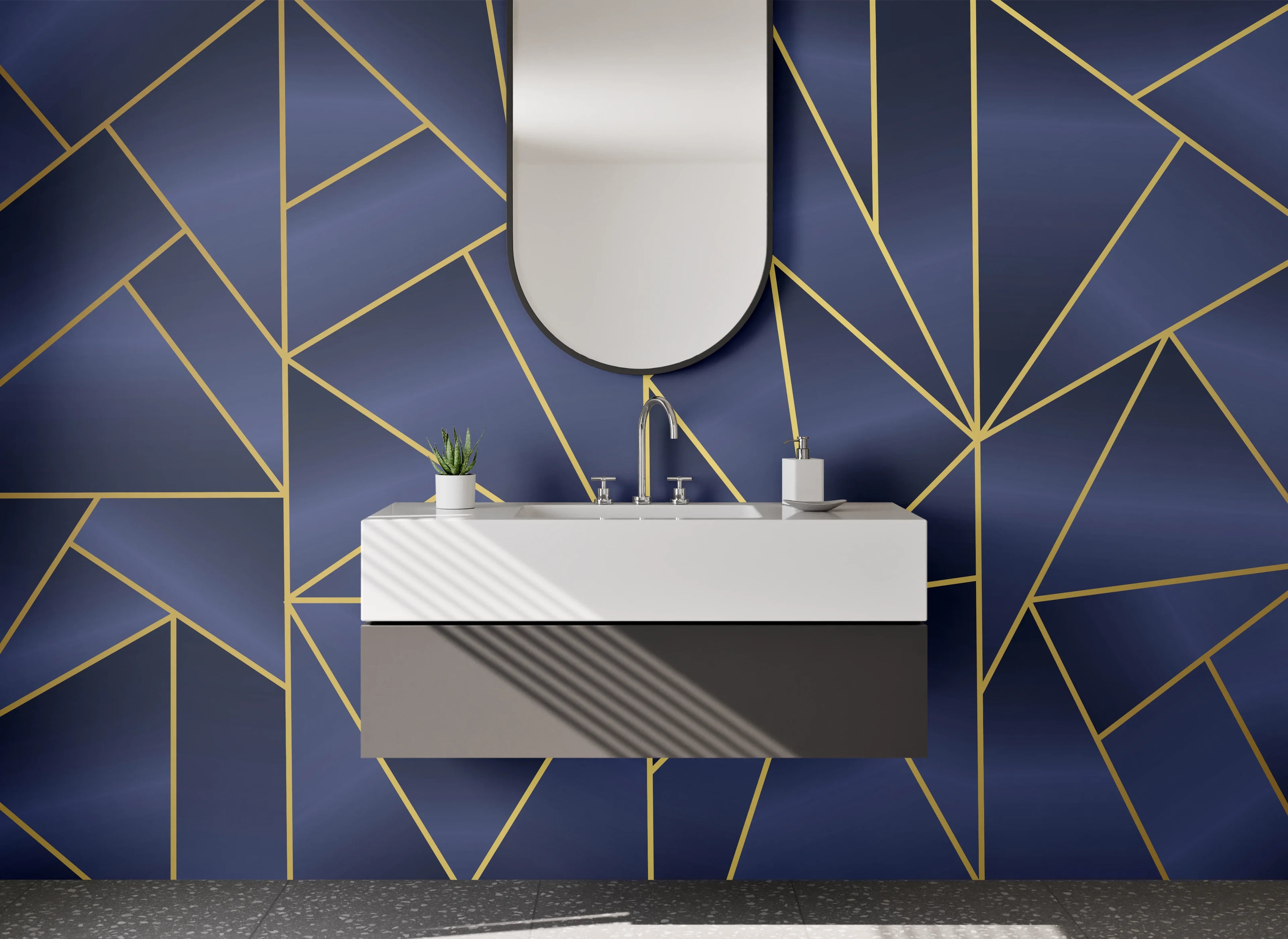 Waschbecken-Rückwand - Blau-Goldenes Deco-Muster mit Grauweiß