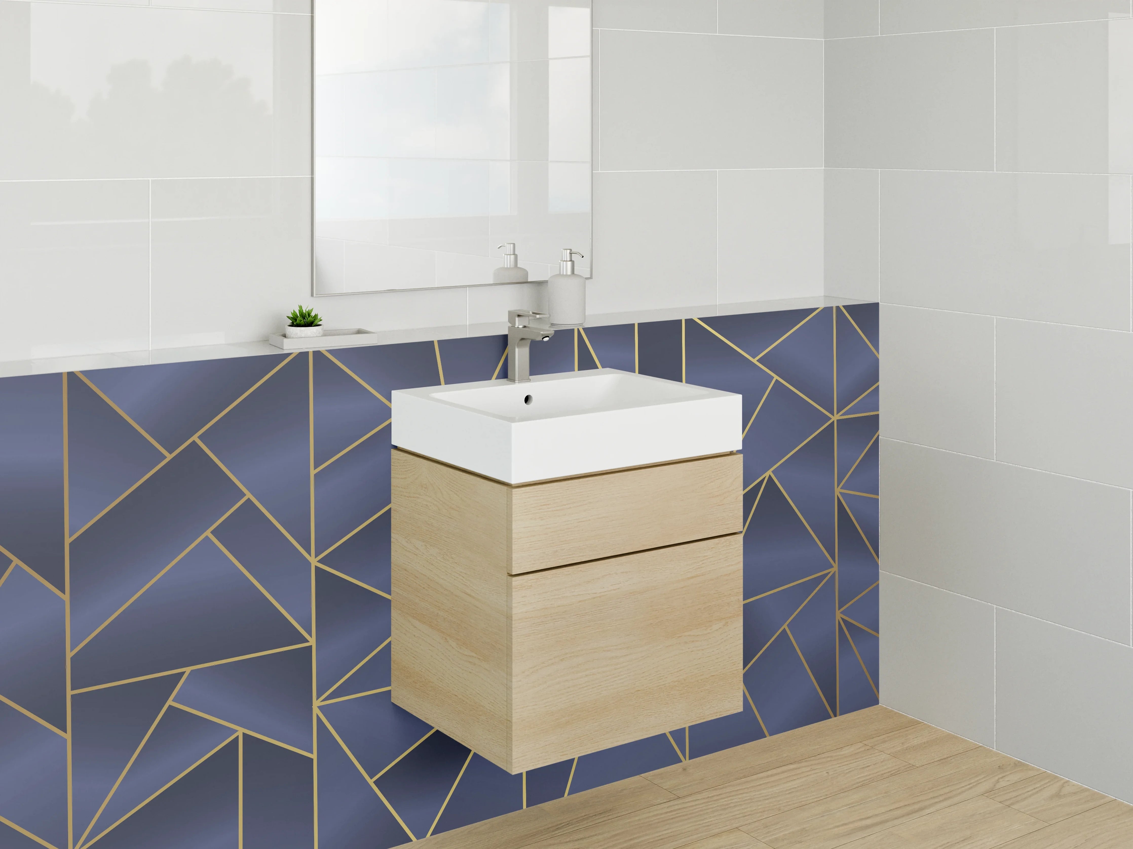 Waschbecken-Rückwand - Blau-Goldenes Deco-Muster mit Grauweiß
