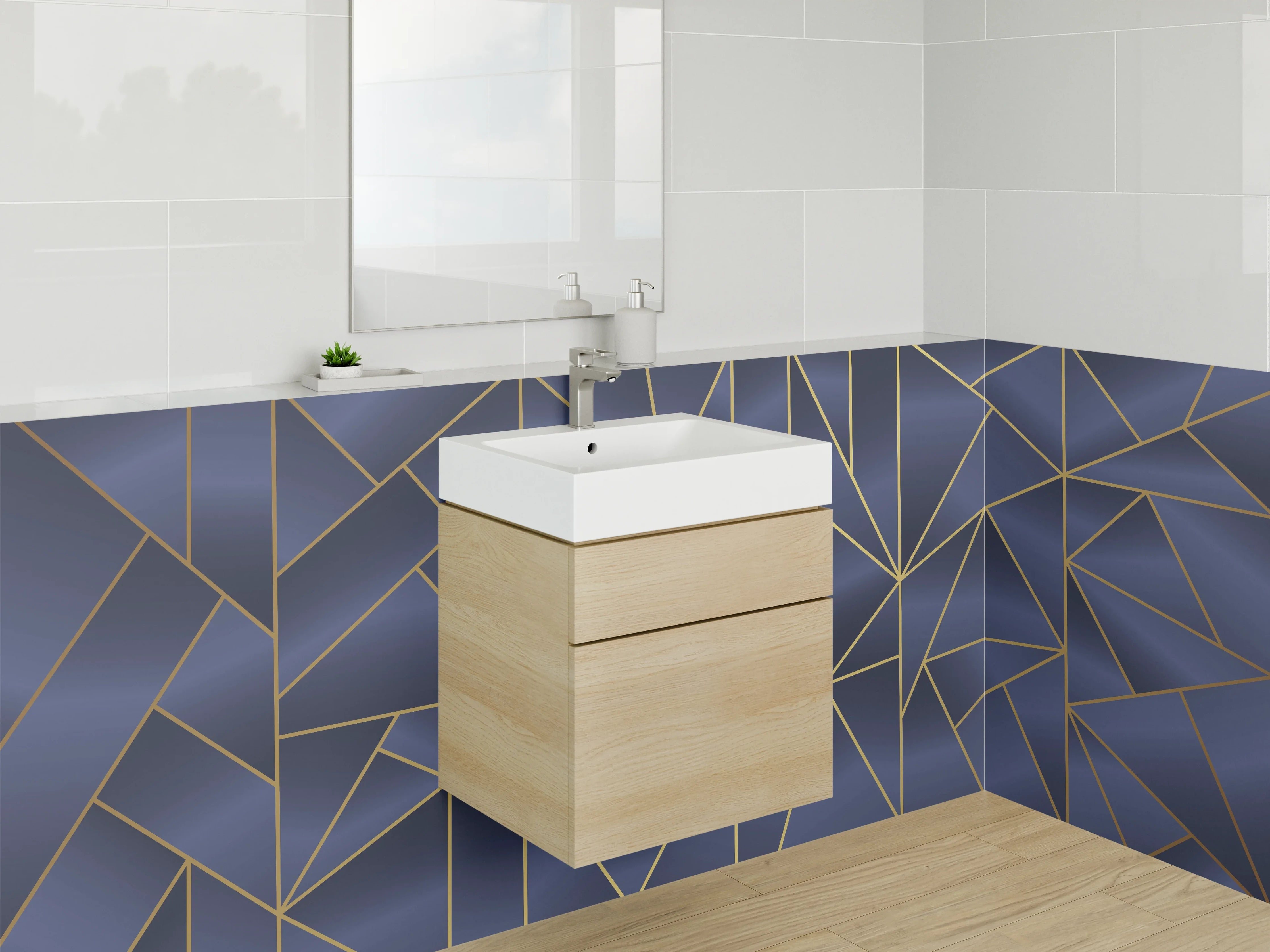 Waschbecken-Rückwand - Blau-Goldenes Deco-Muster mit Grauweiß
