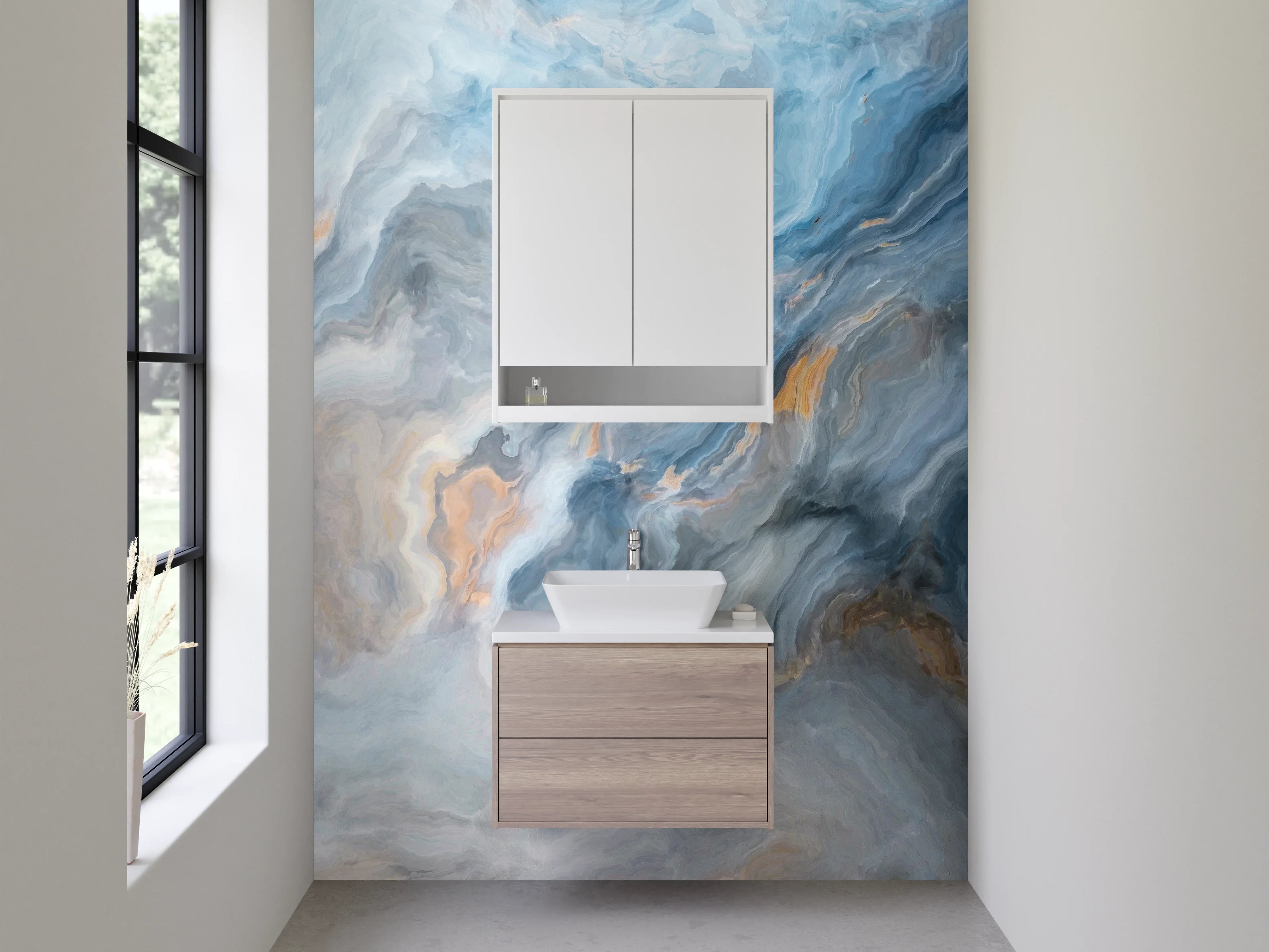 Waschbecken-Rückwand - Blau-Graue Marmor-Optik Abstrakt