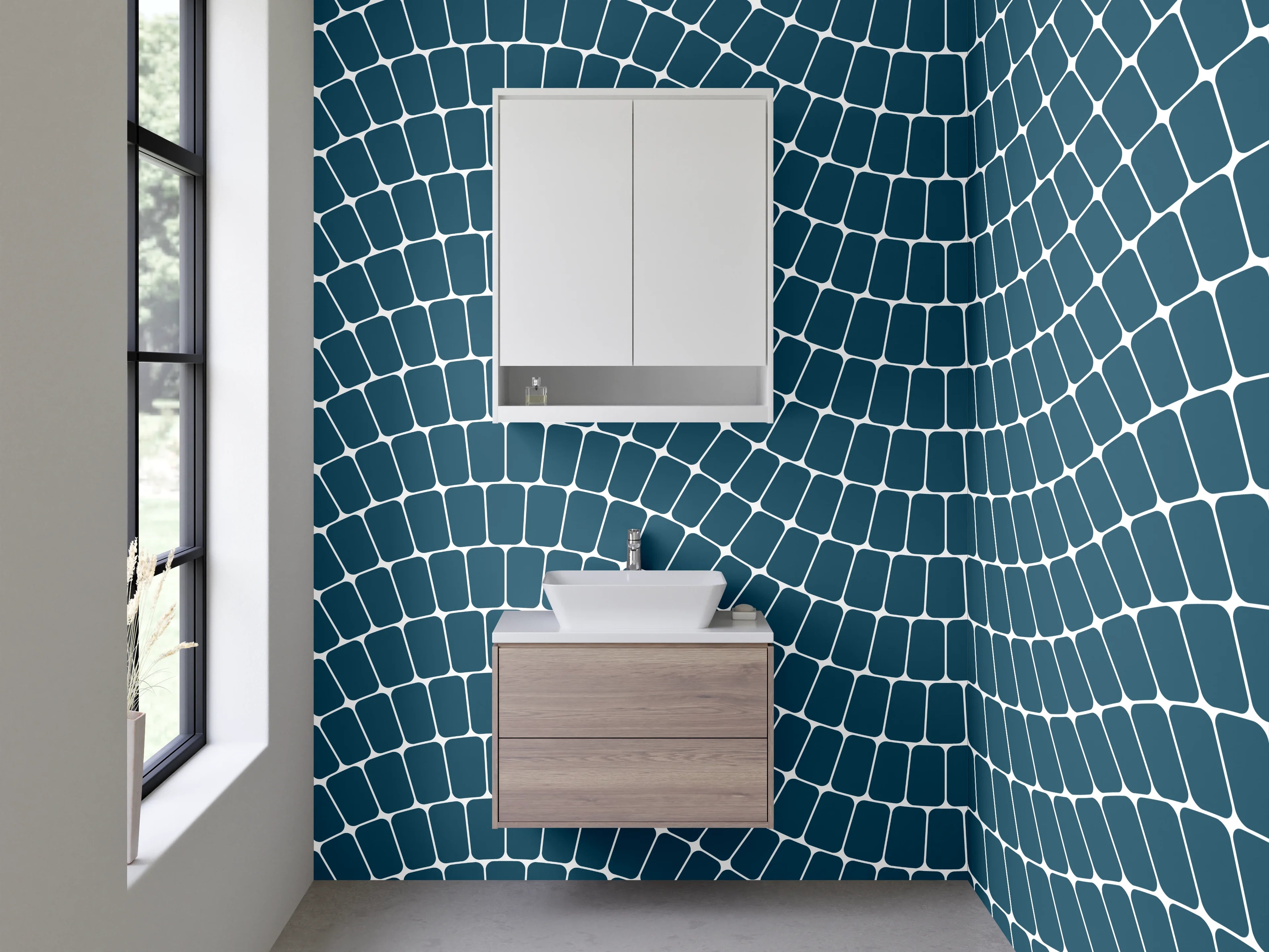 Waschbecken-Rückwand - Blau-Graue Wellen auf Weiß