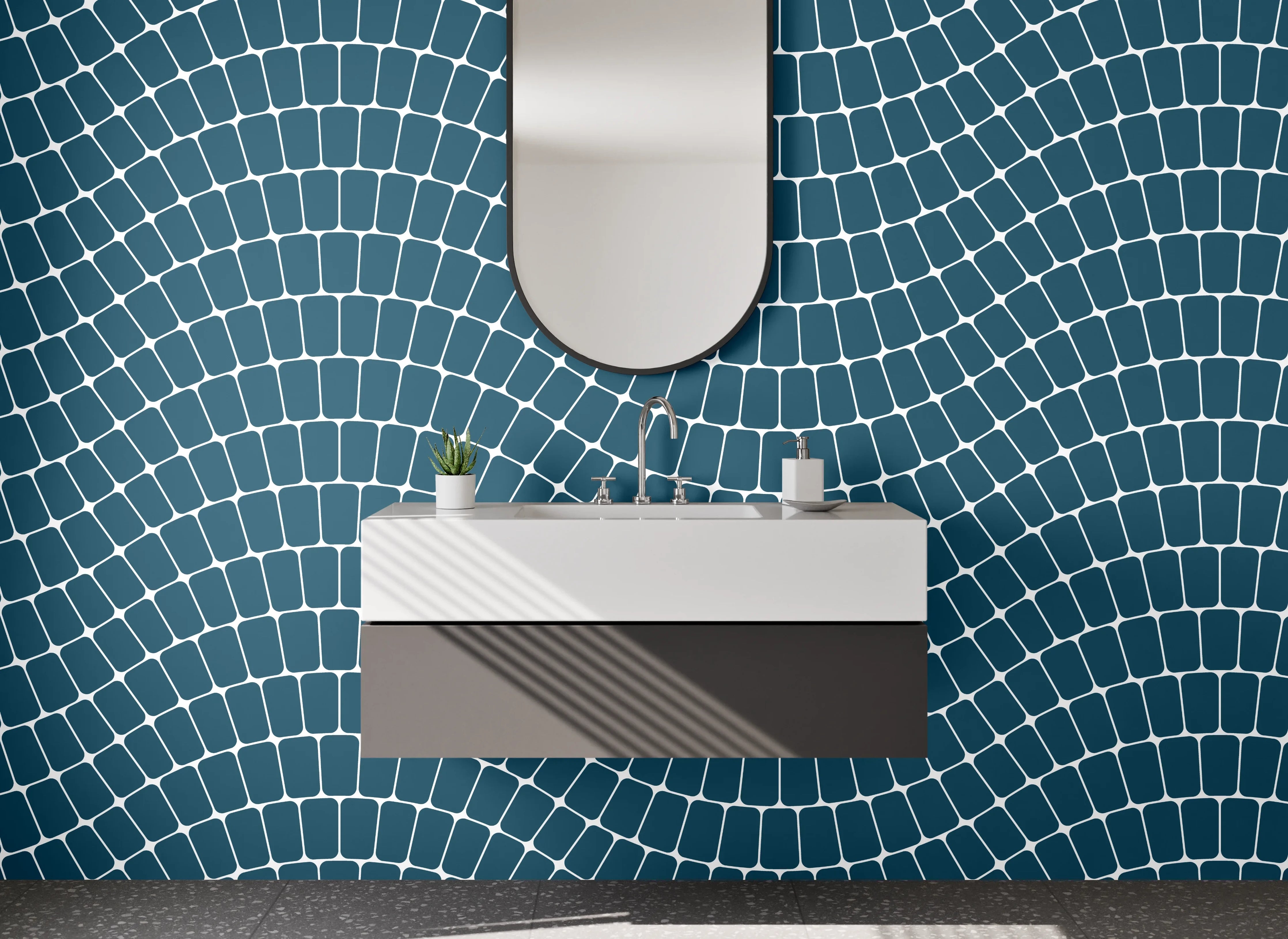 Waschbecken-Rückwand - Blau-Graue Wellen auf Weiß