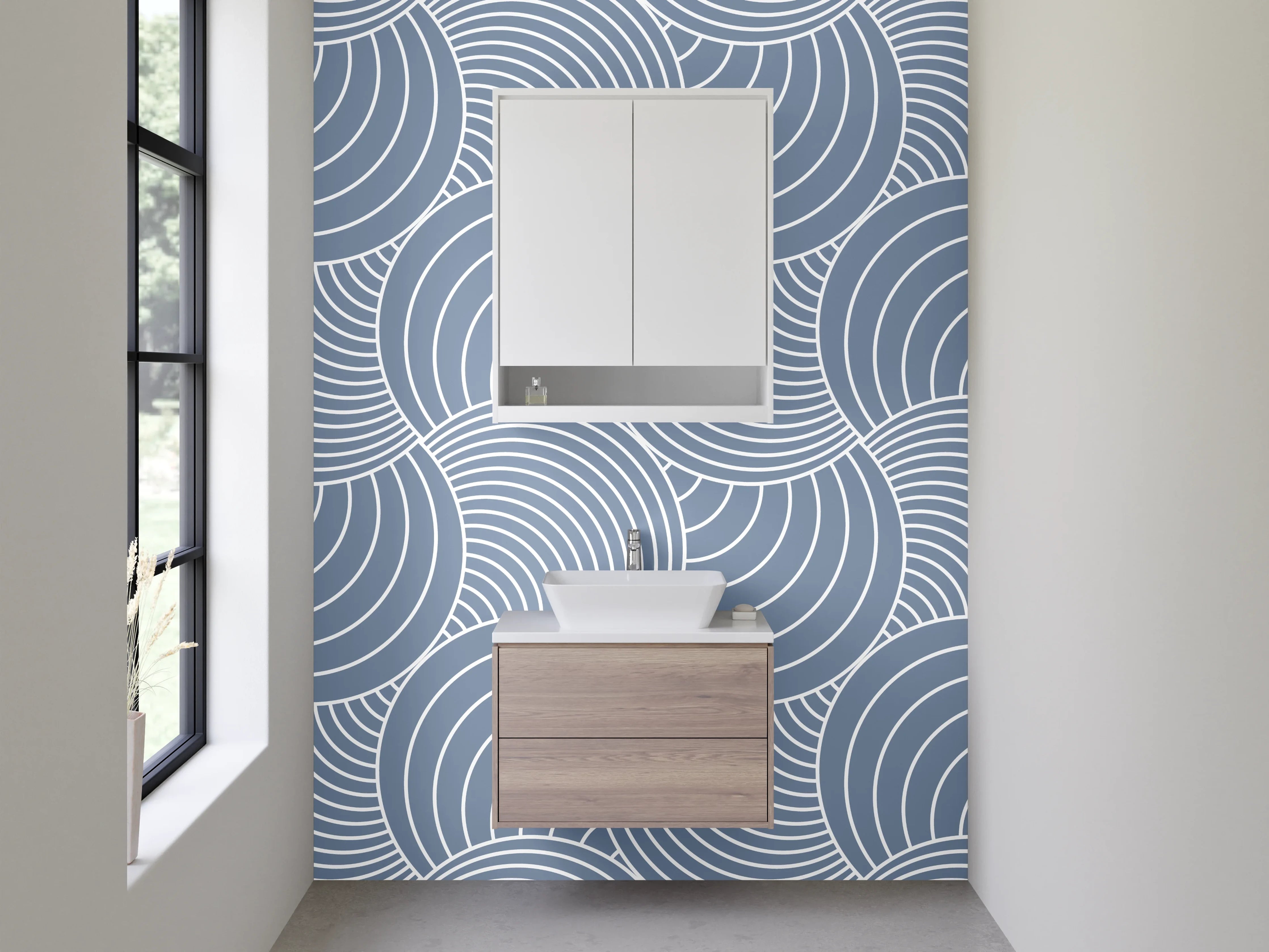 Waschbecken-Rückwand - Blau-Graue Wellenkunst mit Weiß