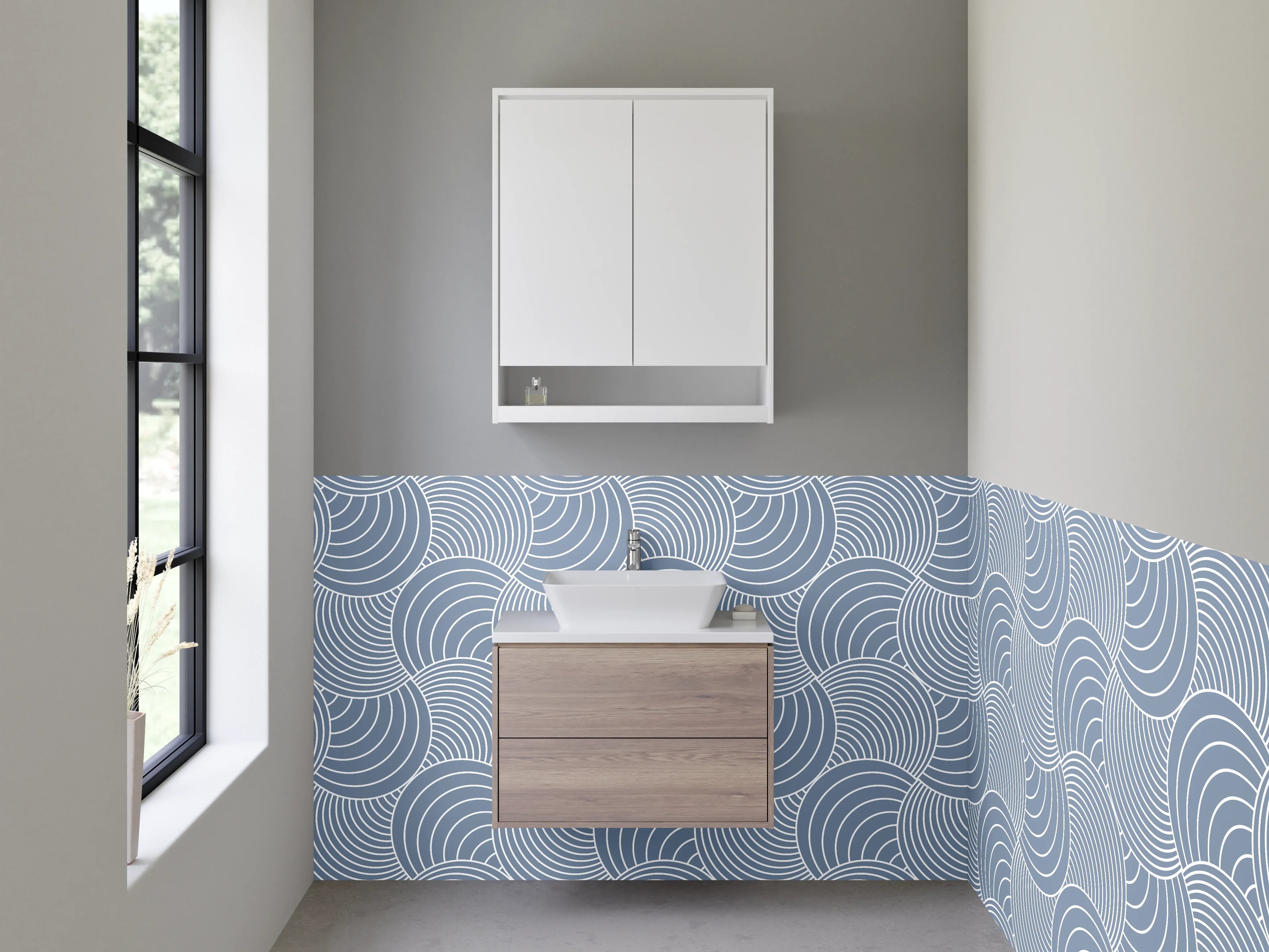 Waschbecken-Rückwand - Blau-Graue Wellenkunst mit Weiß