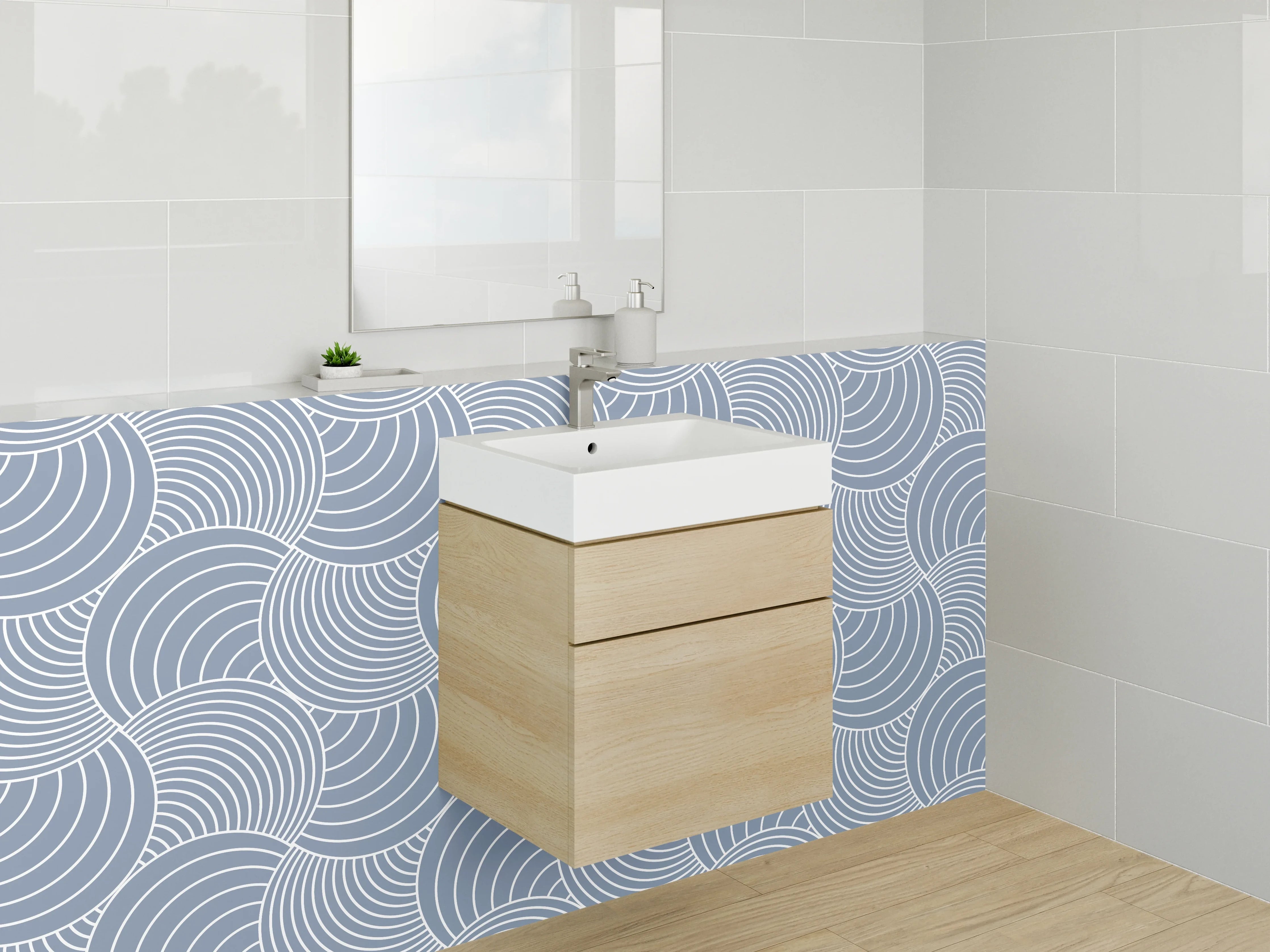 Waschbecken-Rückwand - Blau-Graue Wellenkunst mit Weiß