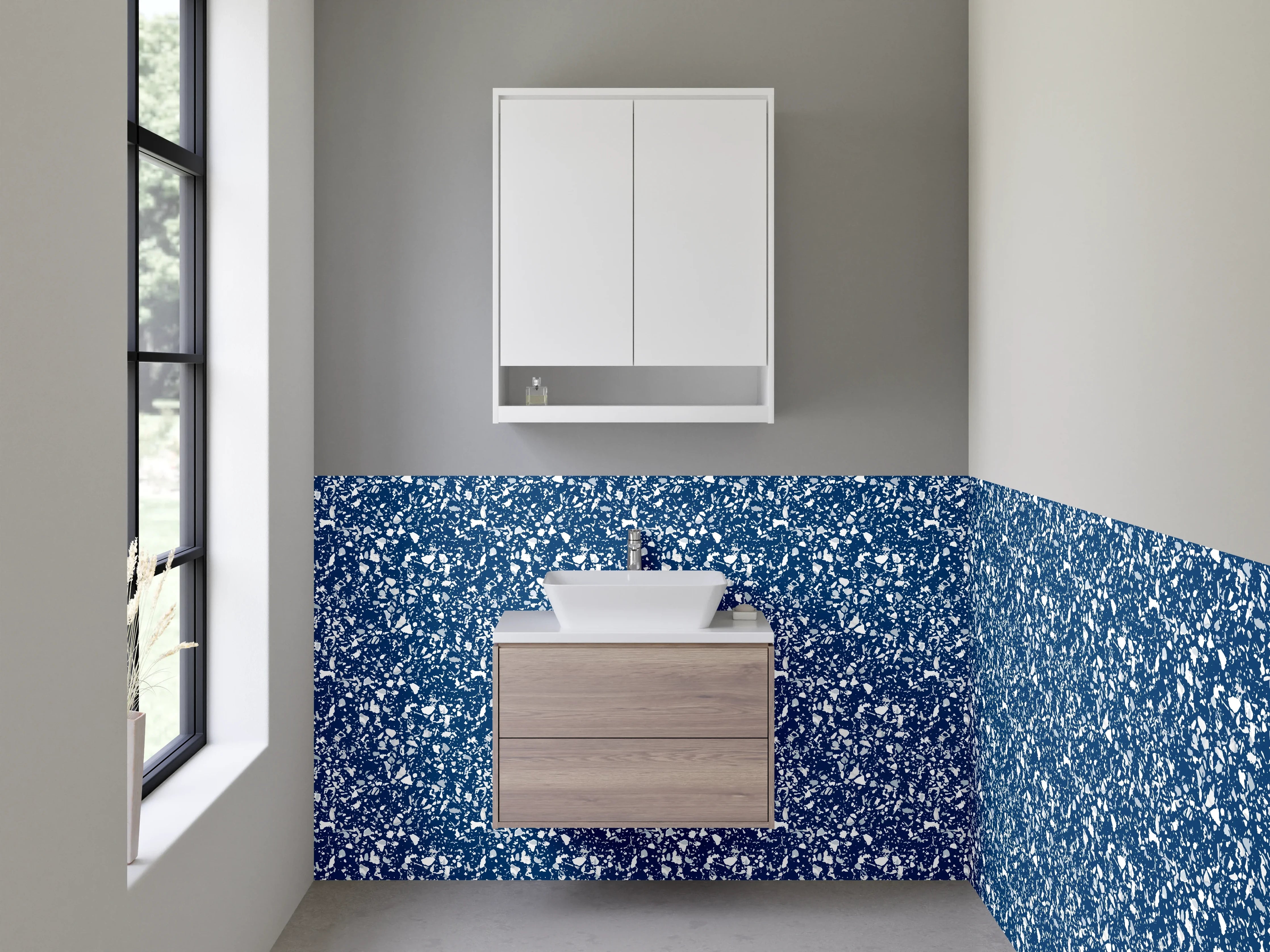 Waschbecken-Rückwand - Blau-Graues Blütenmosaik auf Weiß