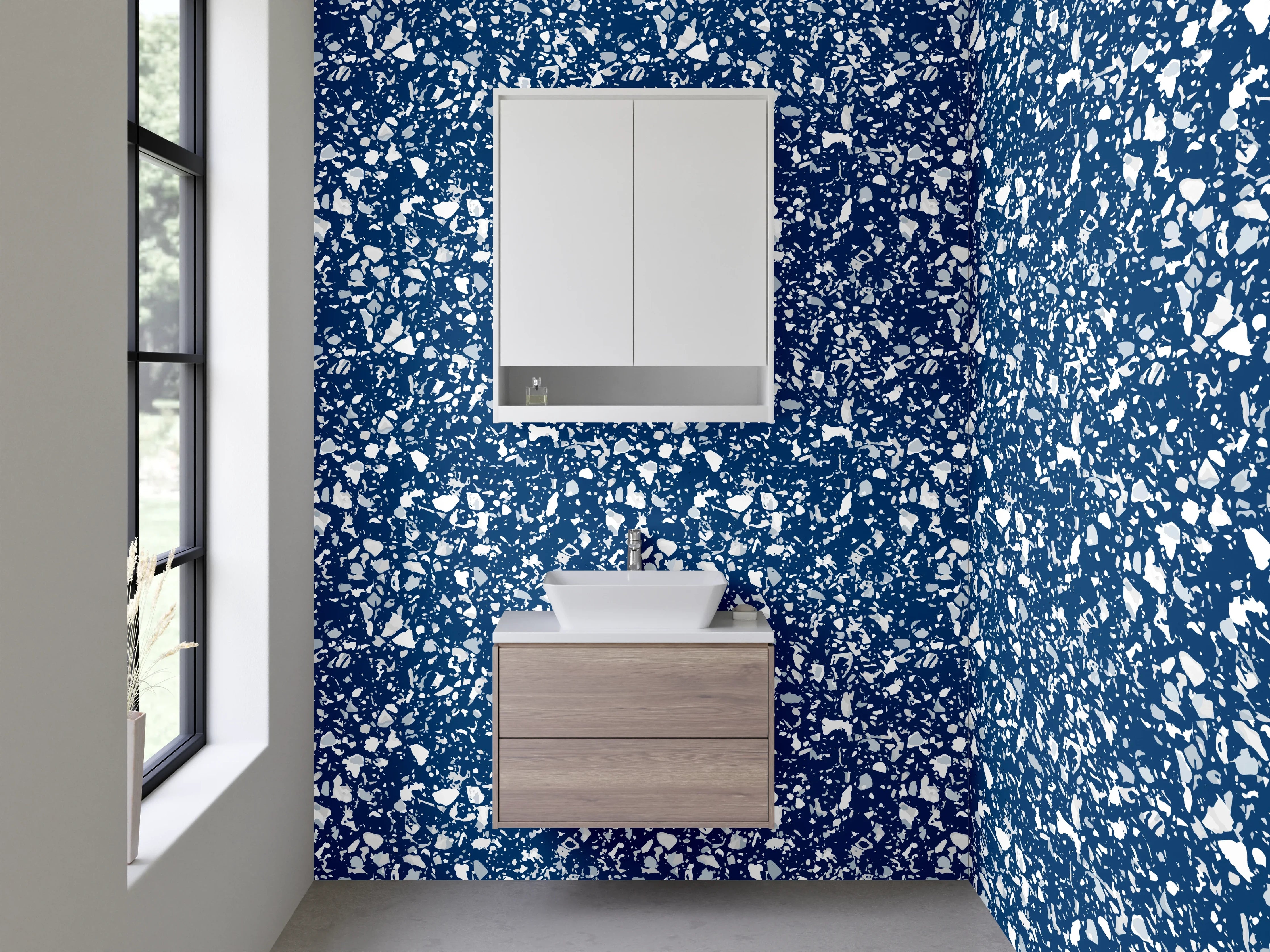 Waschbecken-Rückwand - Blau-Graues Blütenmosaik auf Weiß