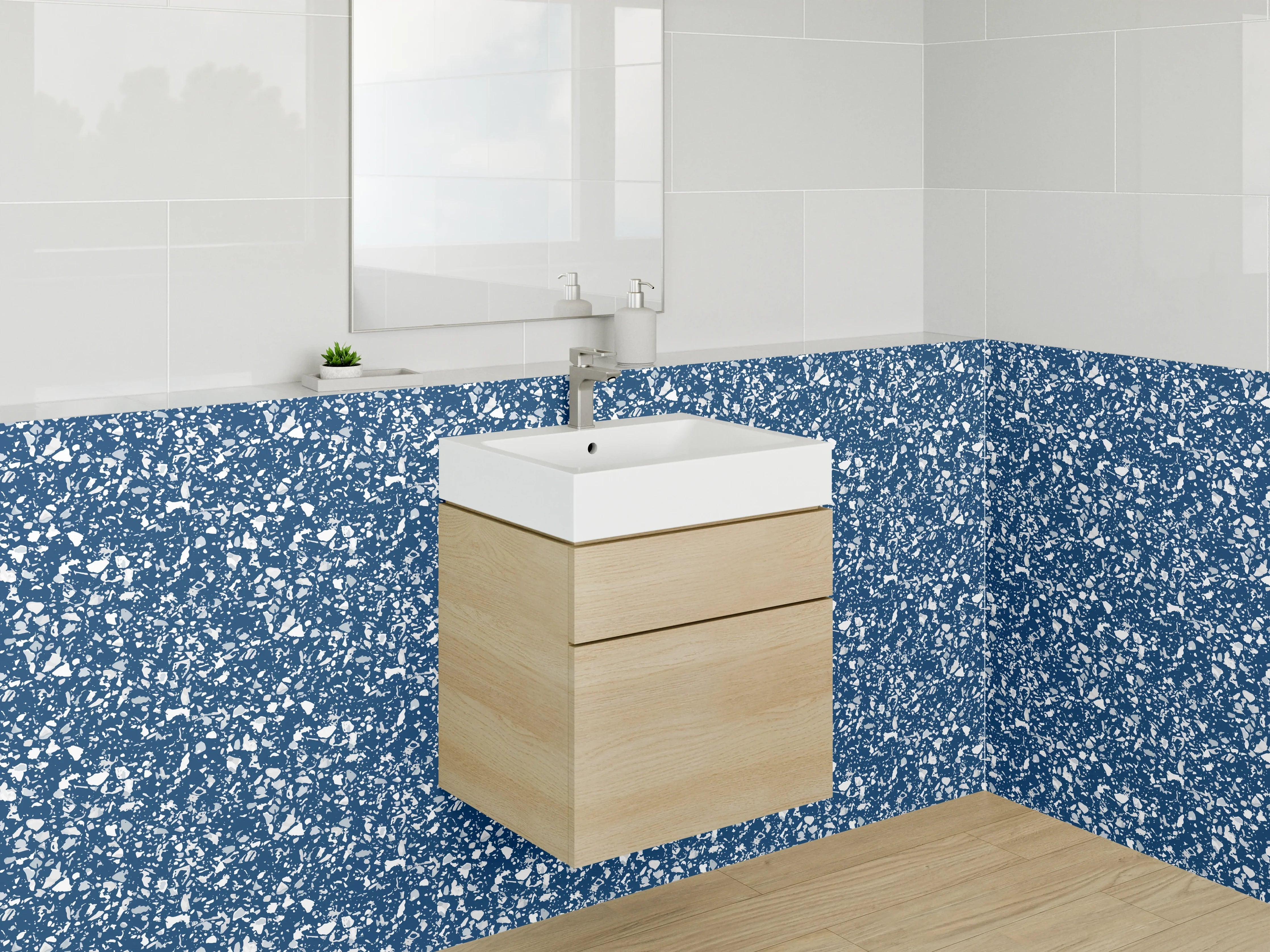 Waschbecken-Rückwand - Blau-Graues Blütenmosaik auf Weiß