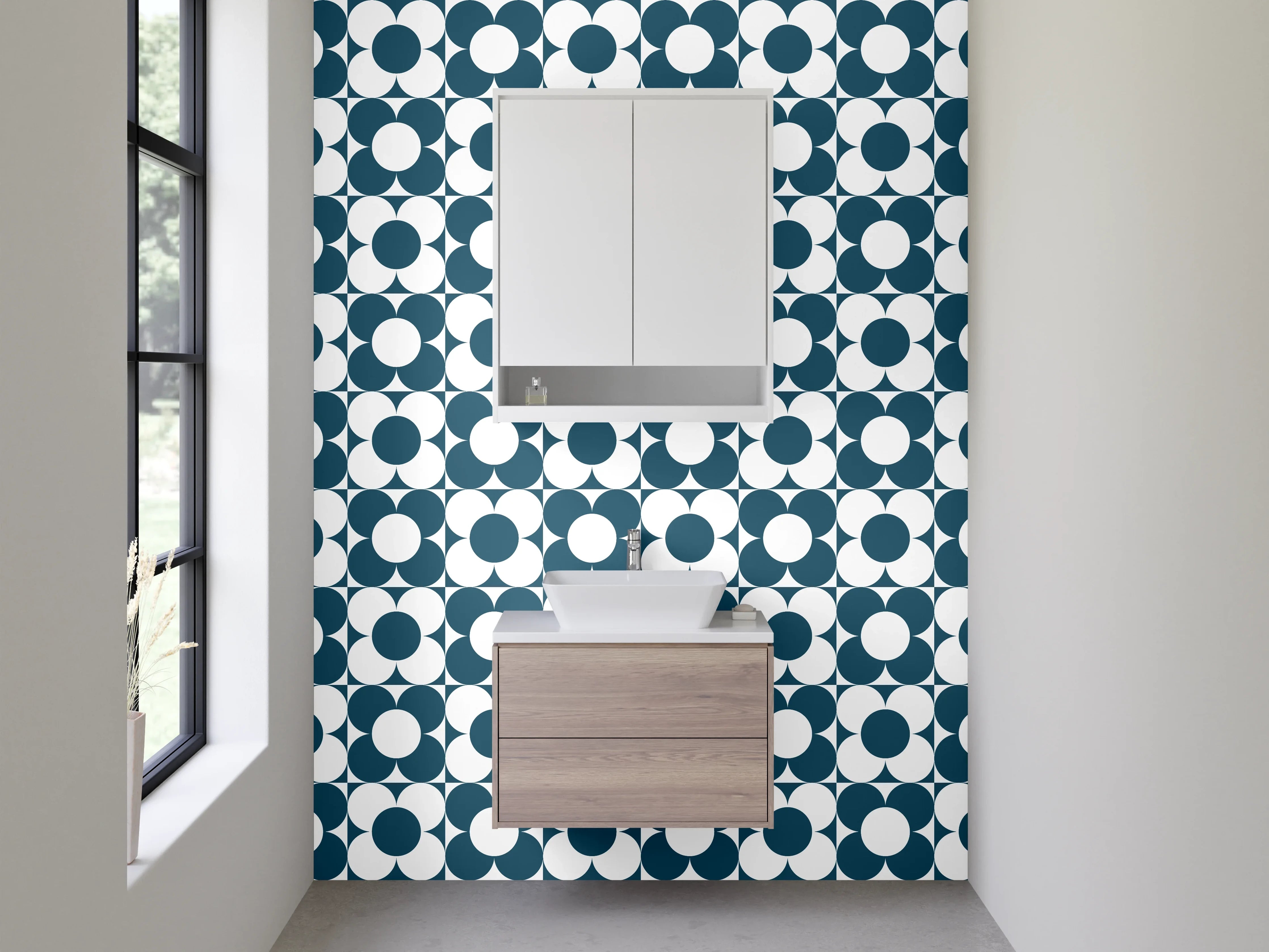 Waschbecken-Rückwand - Blau-Graues Retro-Muster mit Weiß