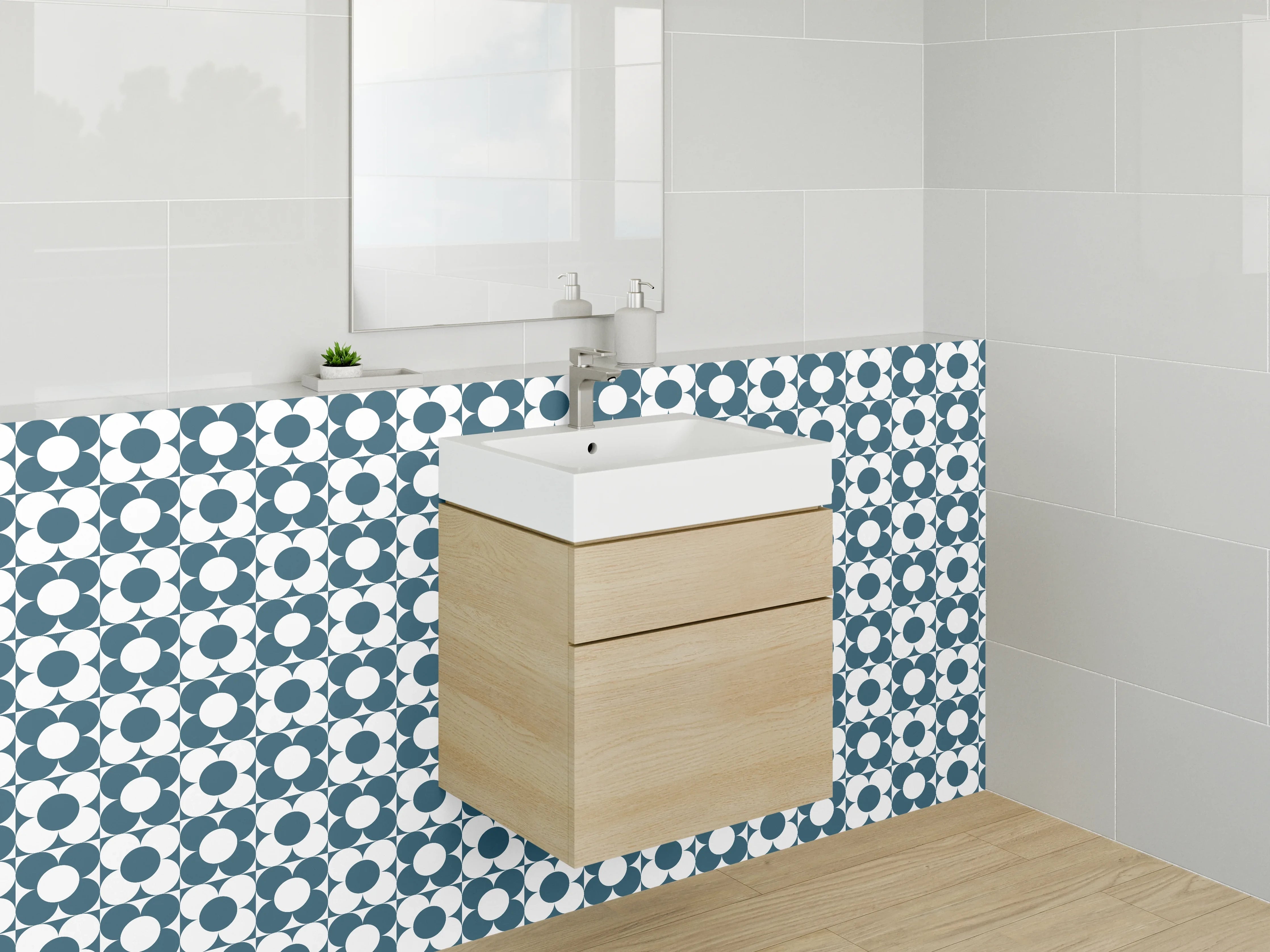Waschbecken-Rückwand - Blau-Graues Retro-Muster mit Weiß