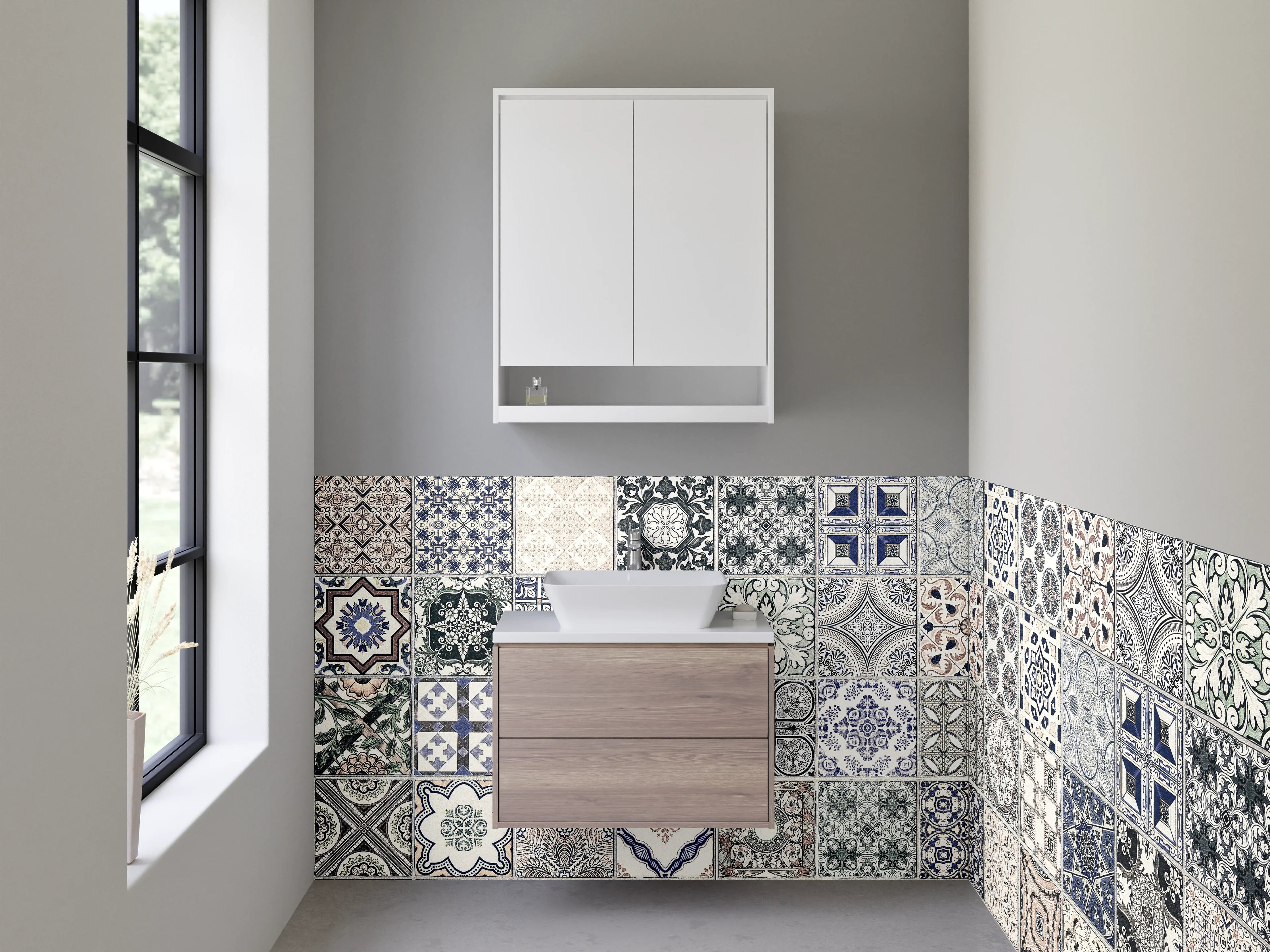 Waschbecken-Rückwand - Blau-Weiße Terrakotta-Fliesen im Retro-Design