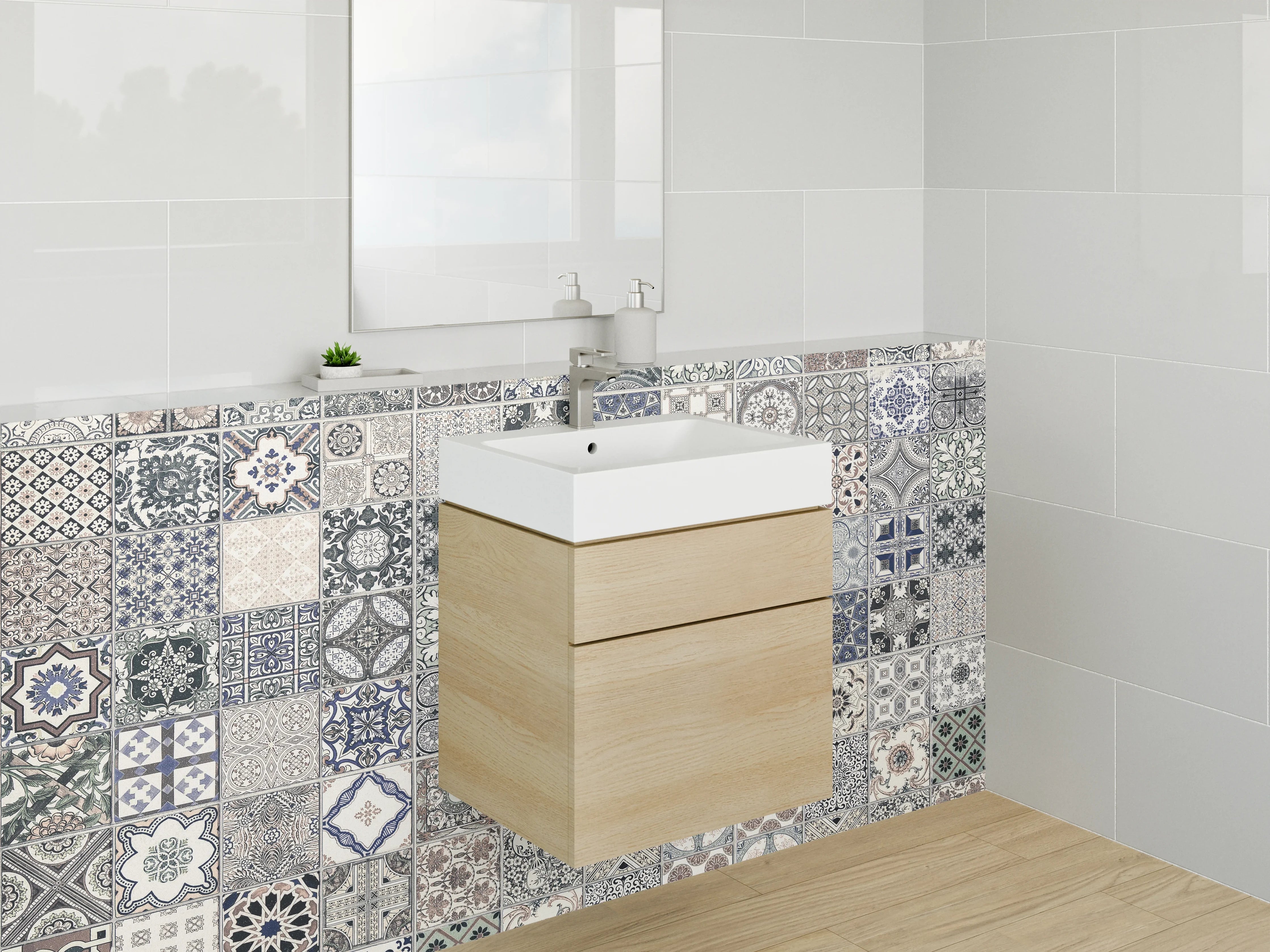 Waschbecken-Rückwand - Blau-Weiße Terrakotta-Fliesen im Retro-Design